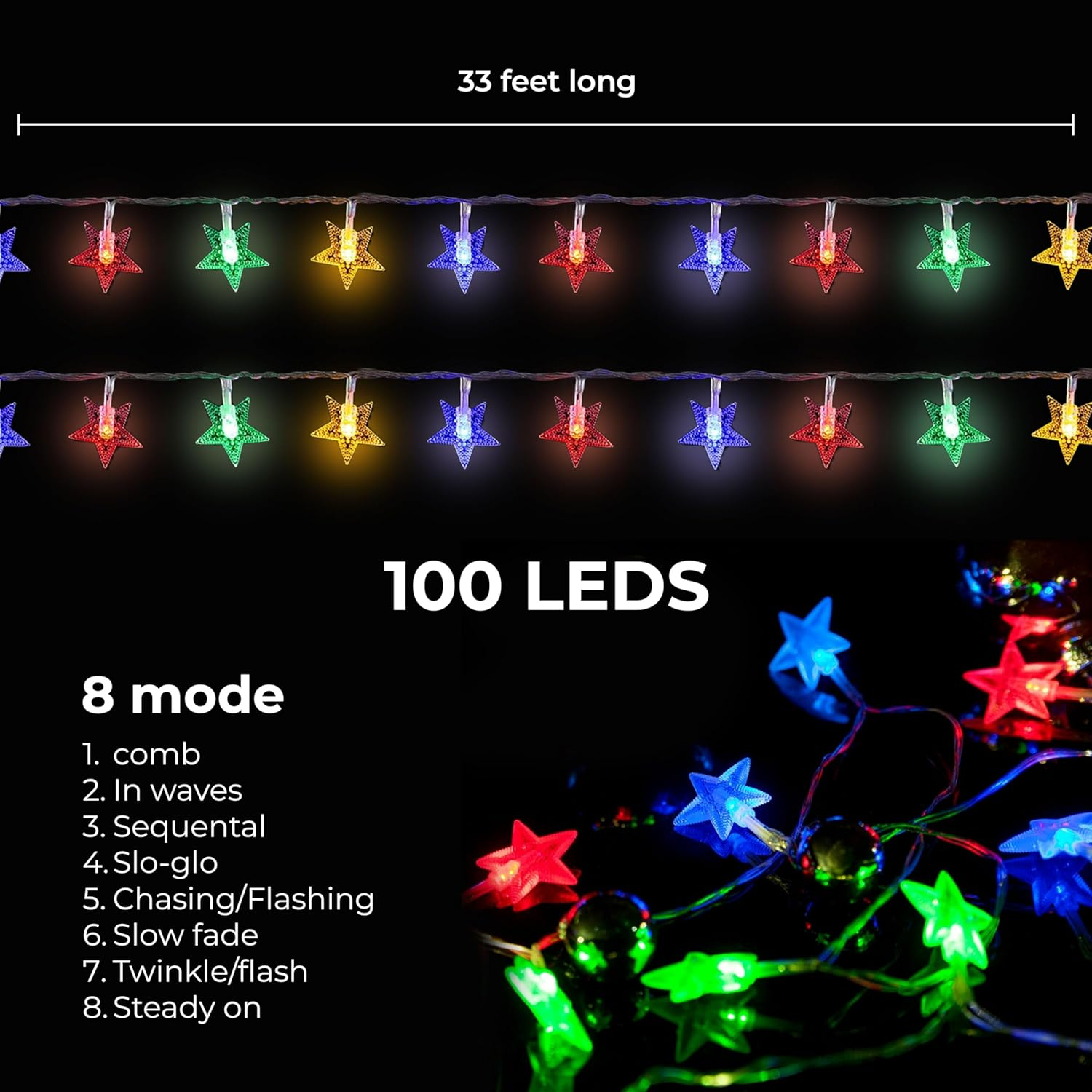 Lichterketten mit sternförmigen LED-Leuchten in verschiedenen Farben. Text beschreibt die Eigenschaften und Modi der Lichter mit 100 LEDs.