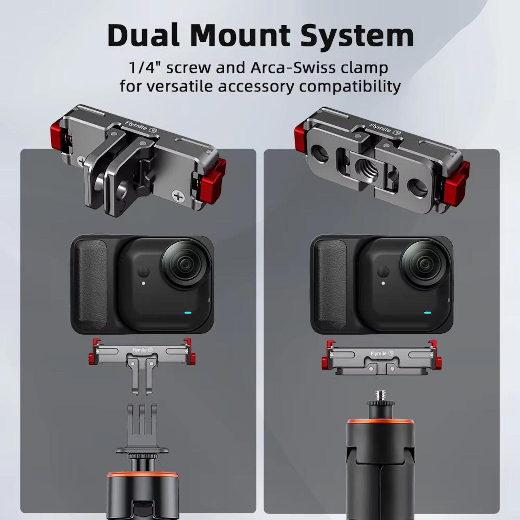 Das Bild zeigt ein Dual-Mount-System mit Kamerateilen. Graue Halterungen mit roten Akzenten, schwarze Kamera und Ständer sind sichtbar.