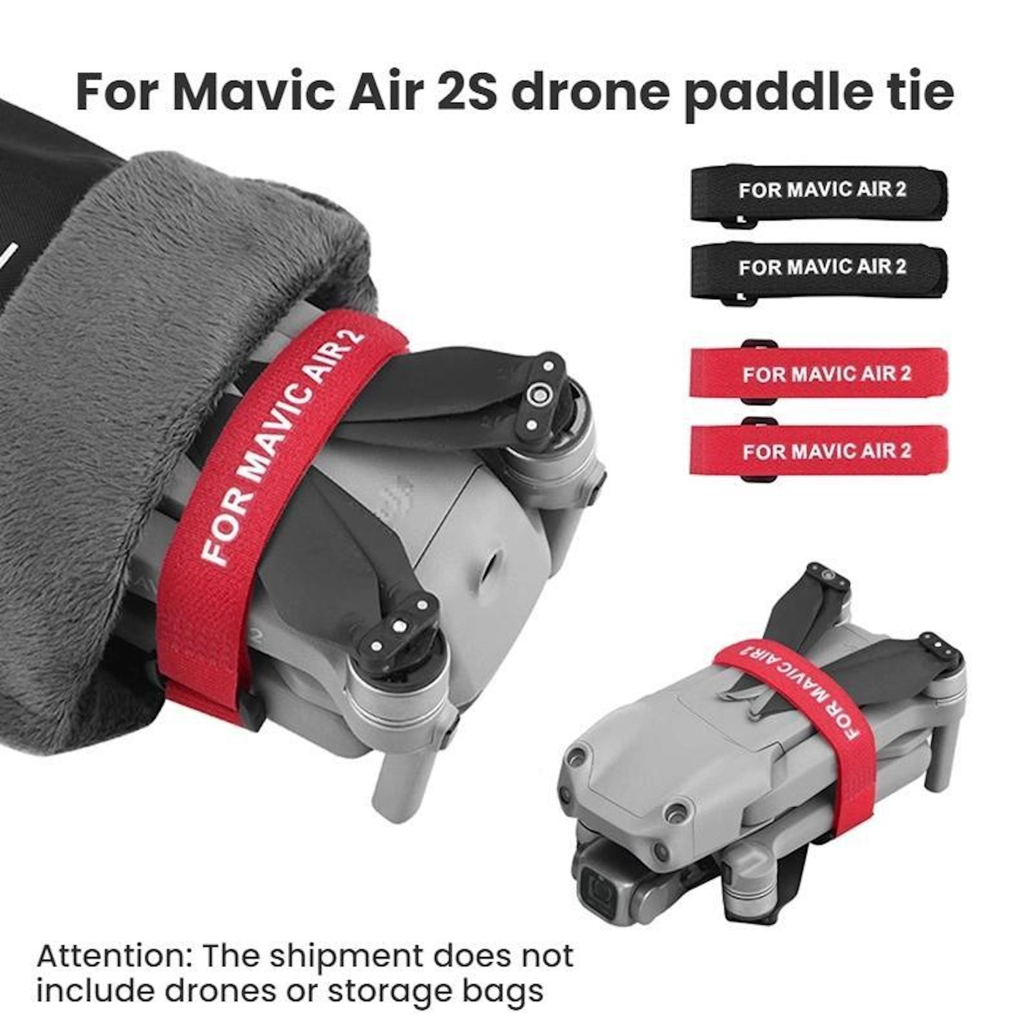 Das Bild zeigt Drohnen-Paddeltücher für Mavic Air 2S. Einige Krawatten sind schwarz, andere rot, mit der Drohne im Hintergrund.