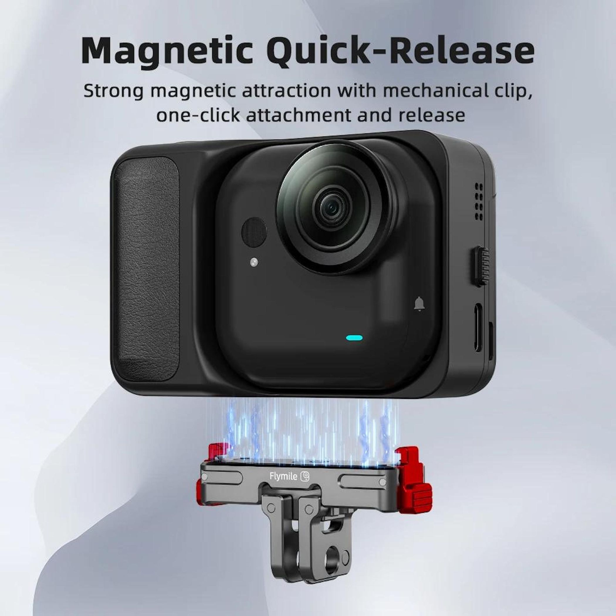 Eine schwarze Kamera mit Objektiv ist mit einer grau-roten Halterung verbunden. Der Text lautet 'Magnetic Quick-Release'.