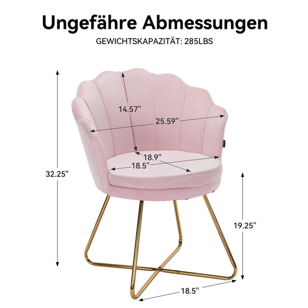 Ein rosa Samtstuhl mit goldenen Beinen, Maße: 32,25", 14,57", 25,59", 18,9", 18,5" und 19,25". Tragfähigkeit: 285LBS.