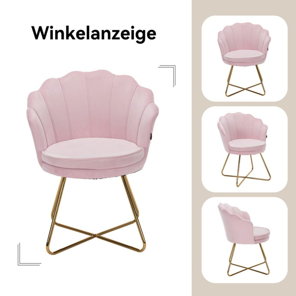 Rosa Samtstuhl mit goldenen Beinen, Muschel-Rücken-Design. Drei weitere Ansichten des Stuhls sind rechts dargestellt.