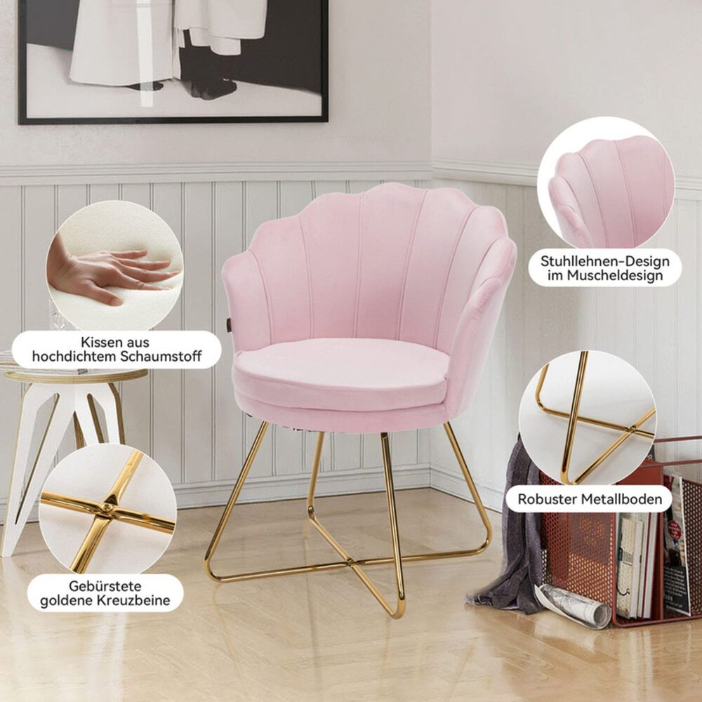 Ein rosa Samtstuhl mit goldenen Beinen, Muschelrücken und bequemem Sitz, mit einem weißen Tisch und einem Gemälde.