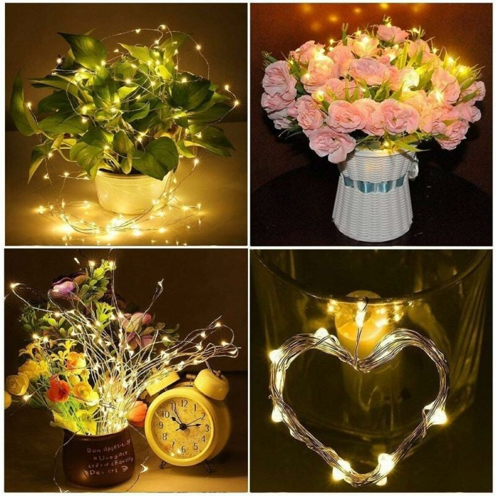 Vier Bilder mit Lichterketten: Pflanze, rosa Rosen, Blumen mit Uhr und Herzform. Warmes, goldenes Licht.