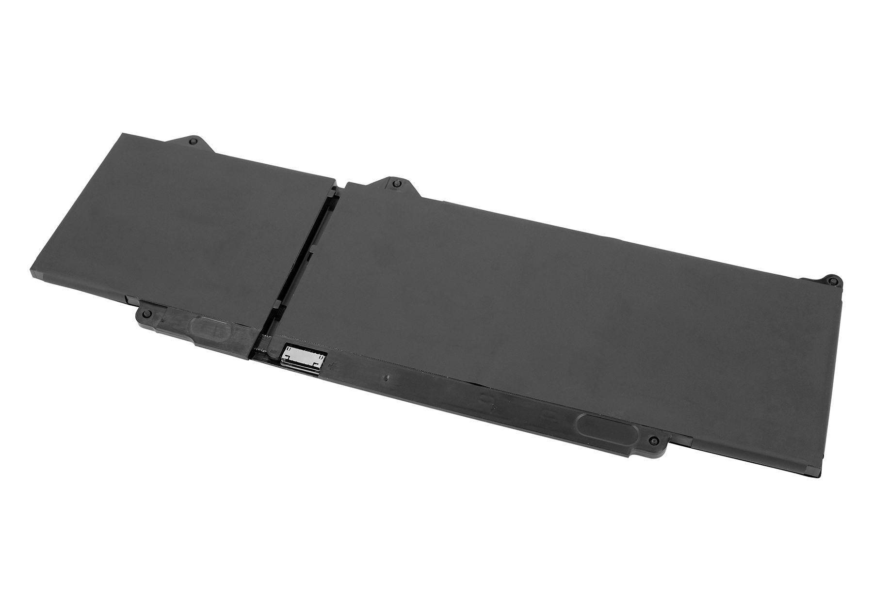 Graue, rechteckige Laptop-Batterie. Sie hat zwei verbundene Abschnitte und mehrere Schraubenlöcher. Isoliert auf weißem Hintergrund.