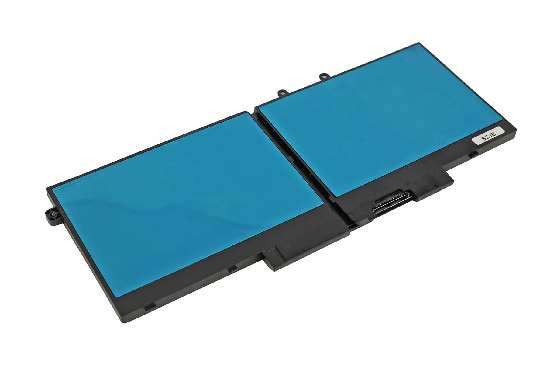 Laptop-Akku mit zwei Abschnitten, schwarzem Rahmen und blauer Schutzfolie. Der Hintergrund ist weiß.
