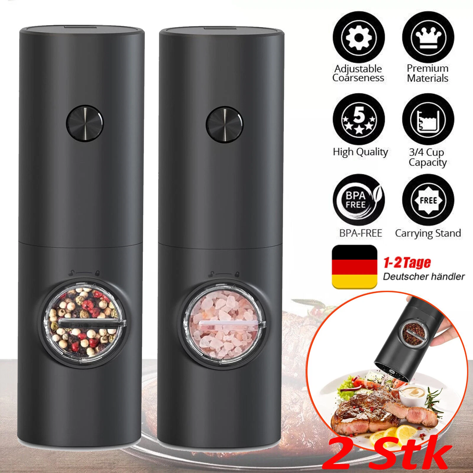 Zwei schwarze elektrische Mühlen mit Pfeffer und Salz, Icons mit Funktionen und ein gewürztes Steak.