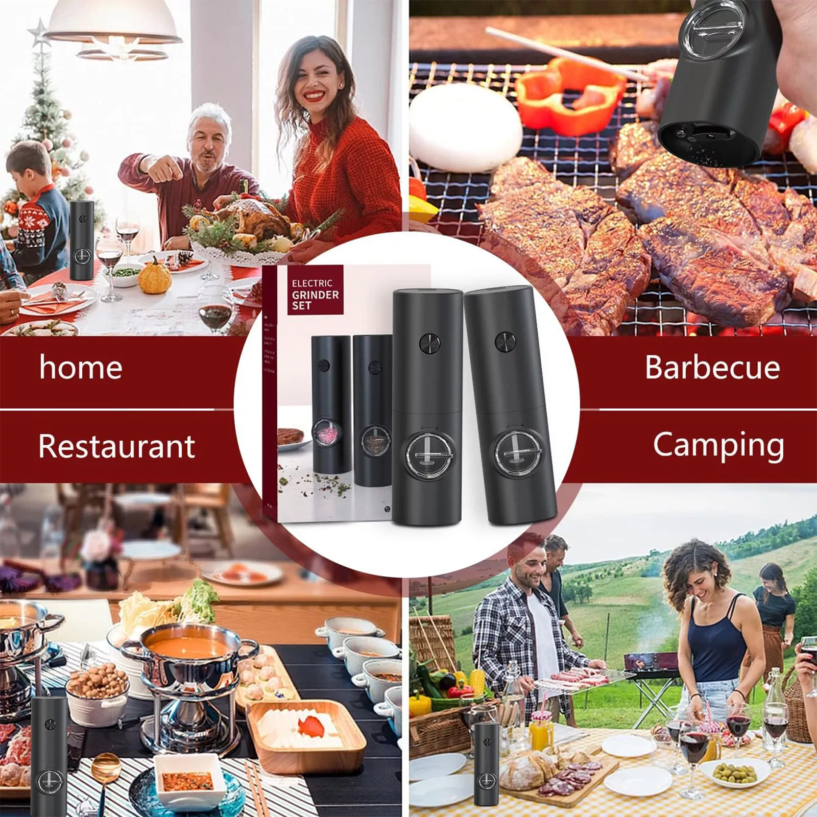 Das Bild zeigt elektrische Mühlen in verschiedenen Umgebungen: Zuhause, Grillen, Restaurant und Camping mit Freunden.