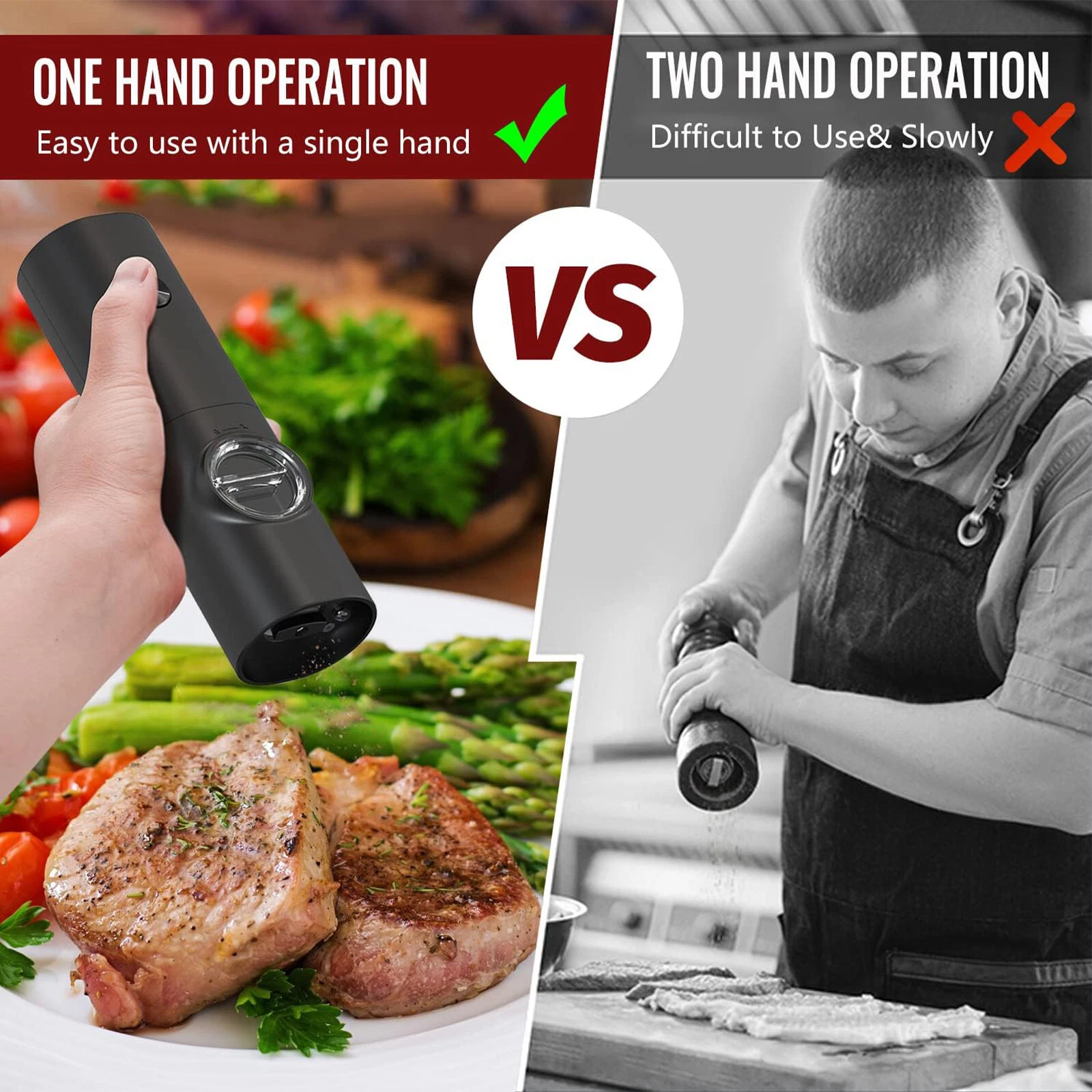 Das Bild vergleicht die Verwendung eines elektrischen Einhandmühlen mit dem Zweihand-Pfefferschleifen. Steak & Spargel links, Koch mahlt Pfeffer rechts.