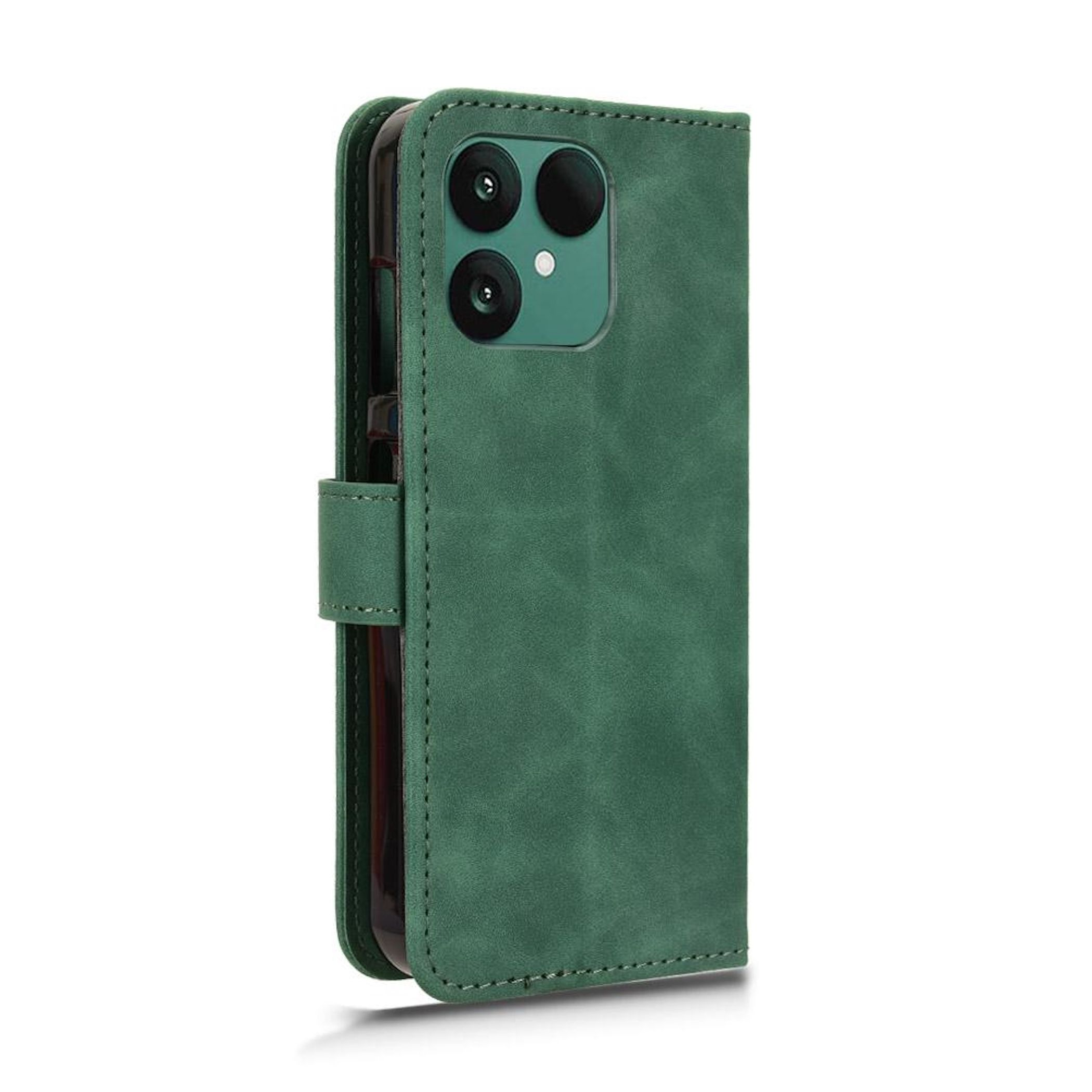 Grüne Handyhülle im Brieftaschen-Design. Sie hat einen Magnetverschluss und einen Kameraausschnitt. Der Hintergrund ist weiß.