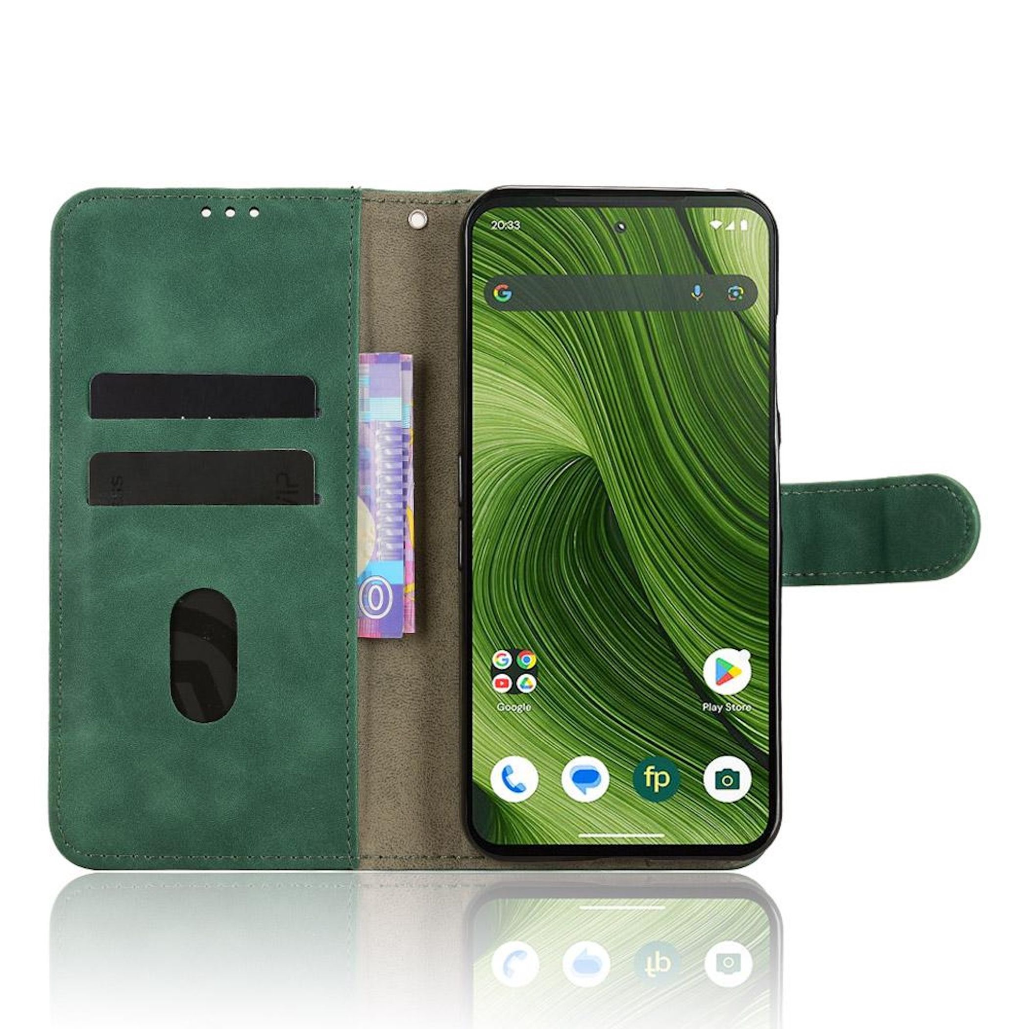 Grüne Handyhülle mit Telefon. Das Telefon zeigt ein grünes Muster. Hülle hat Karten- und Geldfächer.