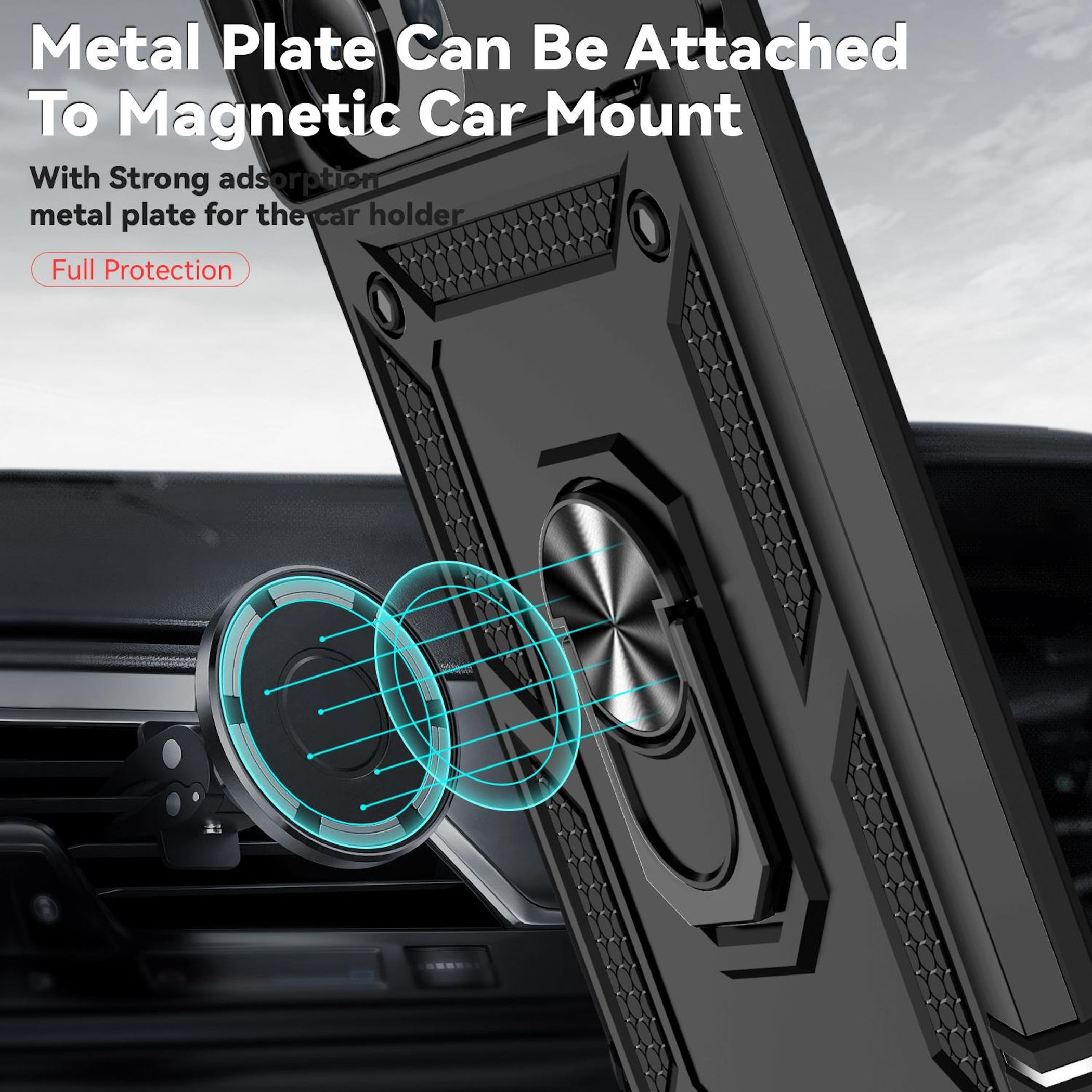 Eine Handyhülle mit magnetischer Autohalterung. Die Hülle ist schwarz. Die Halterung ist an einer Lüftung befestigt.