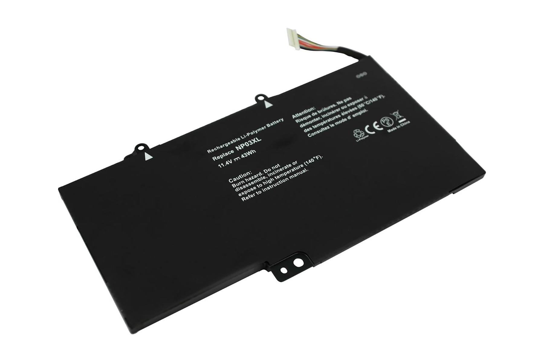 Ein schwarzer Laptop-Akku mit weißem Text und einem weißen Draht oben. Text enthält Warnungen und Spezifikationen.