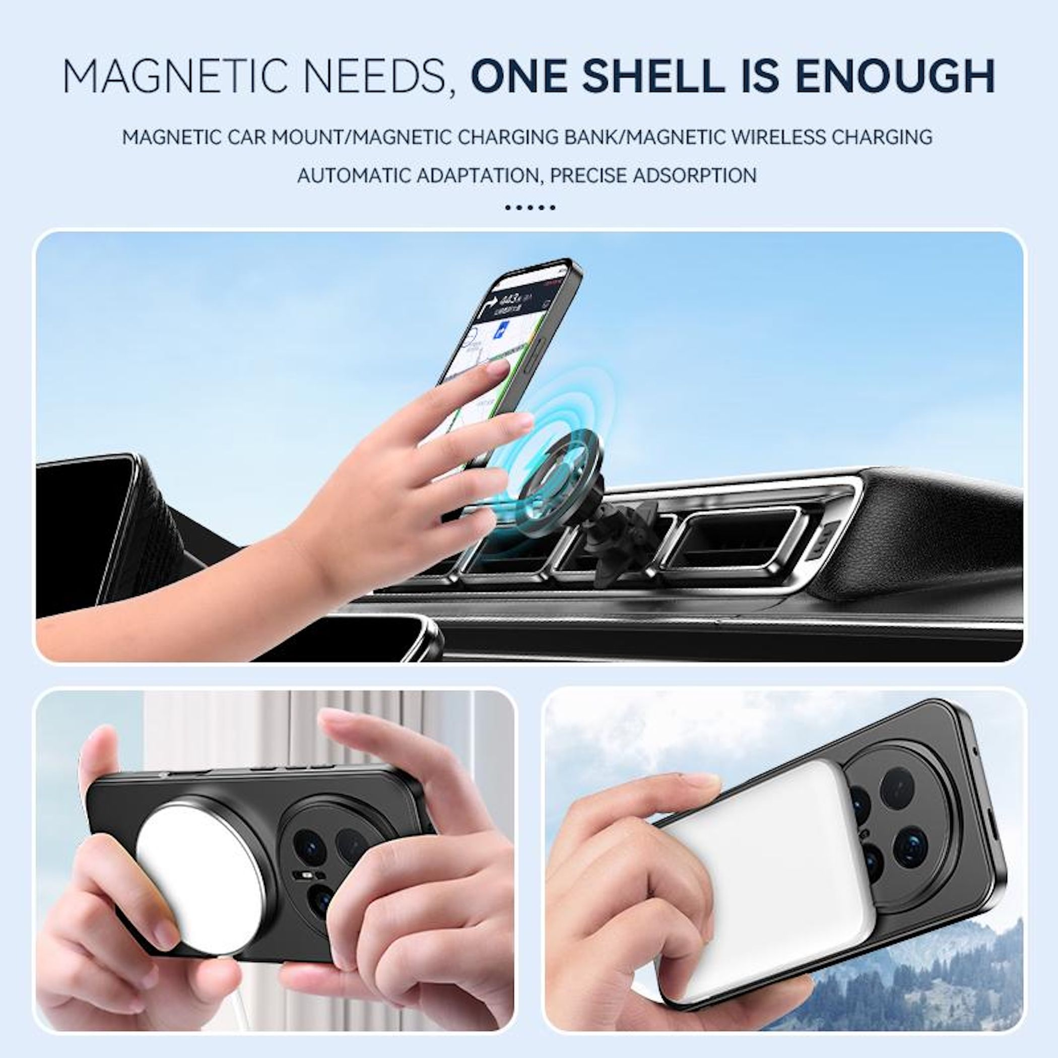 Das Bild zeigt ein in einem Auto montiertes Telefon. Es zeigt auch eine Handyhülle mit einem magnetischen Ladepad.