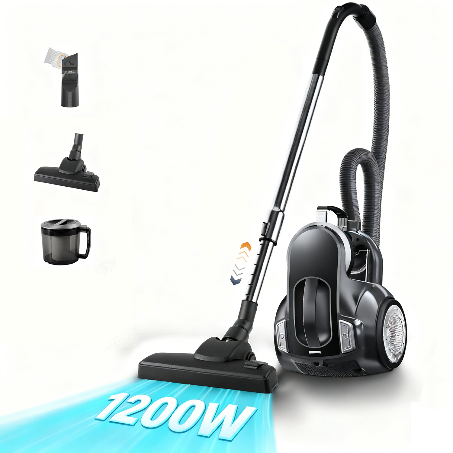 Ein schwarzer Staubsauger mit Zubehör auf weißem Hintergrund. Der Text "1200W" wird auf blauen Streifen angezeigt, die vom Kopf ausgehen.