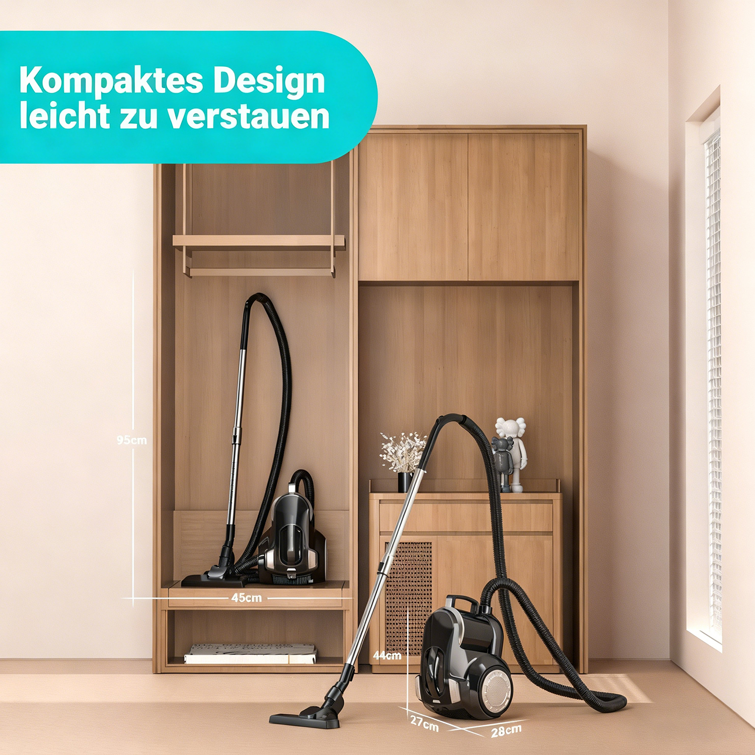 Zwei schwarze Staubsauger neben einem Holzschrank. Abmessungen sind auf dem Bild angegeben.