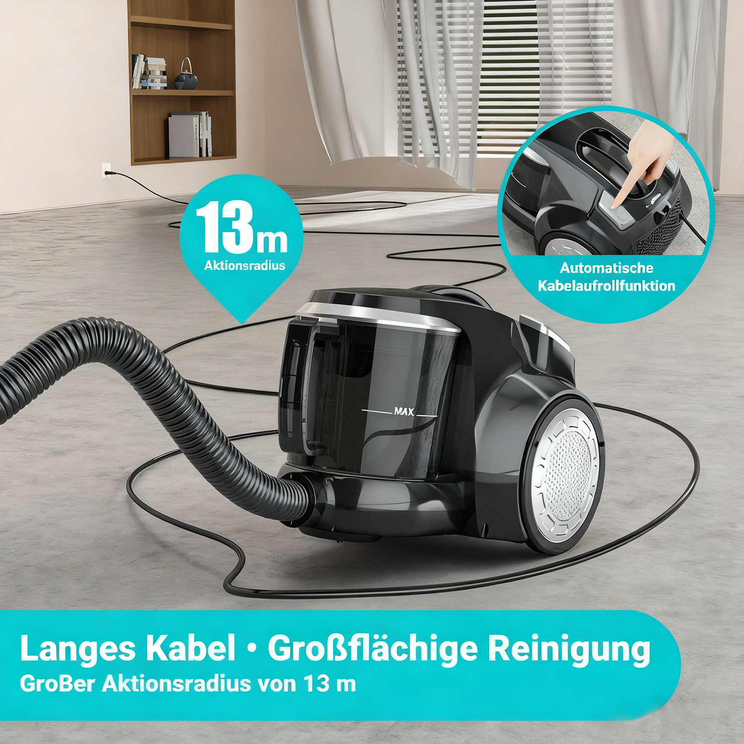 Ein schwarzer Staubsauger mit langem Kabel steht auf dem Boden. Er hat eine Reichweite von 13 m und eine automatische Kabelaufrollfunktion.