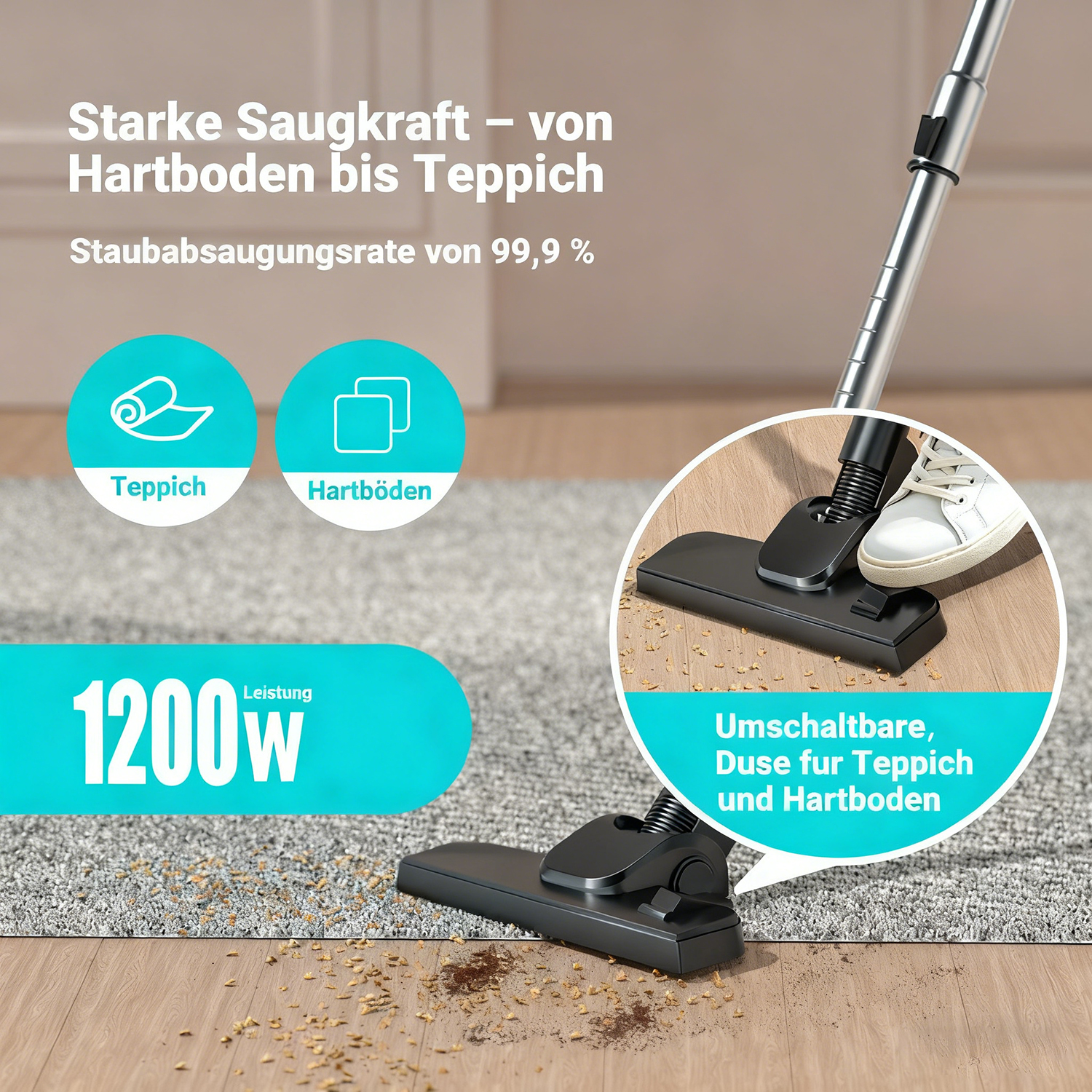 Staubsauger reinigt Teppich und Hartholzboden. Text sagt starke Saugkraft von Teppich bis Hartboden. Schuh auf Staubsauger.