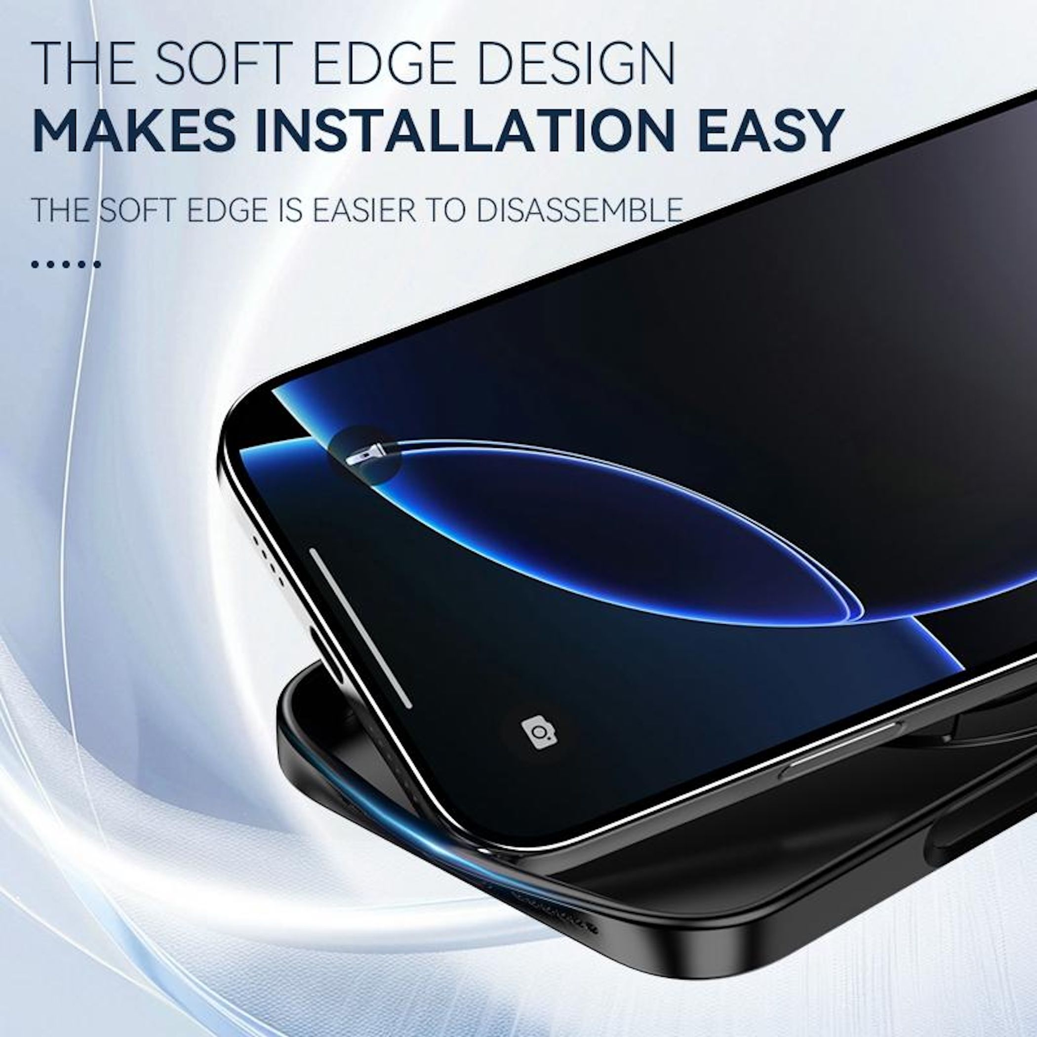 Ein Telefon in einer schwarzen Hülle. Text: Soft Edge Design macht die Installation einfach. Der Hintergrund ist weiß und blau.