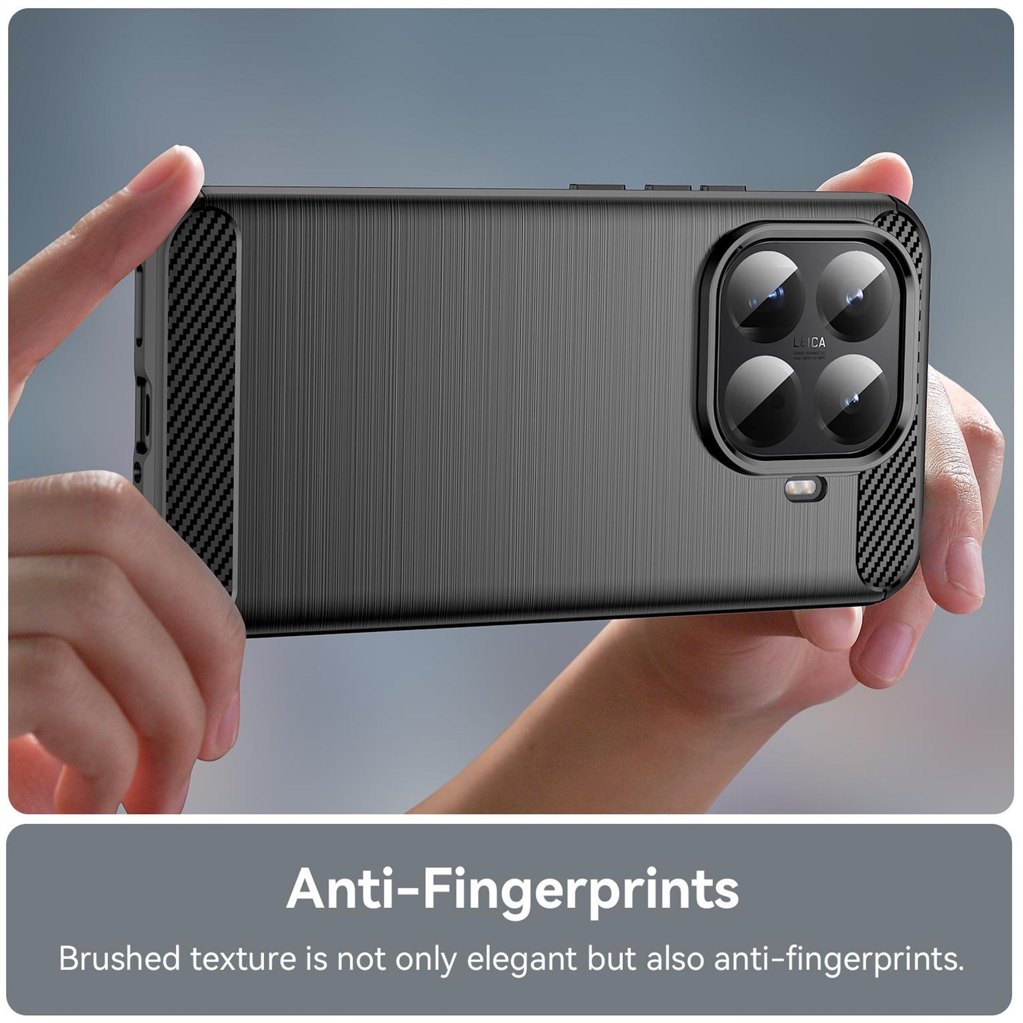 Ein Telefoncase wird von Händen gehalten. Das Case ist schwarz mit einem Kameramodul. Text sagt 'Anti-Fingerprints'.