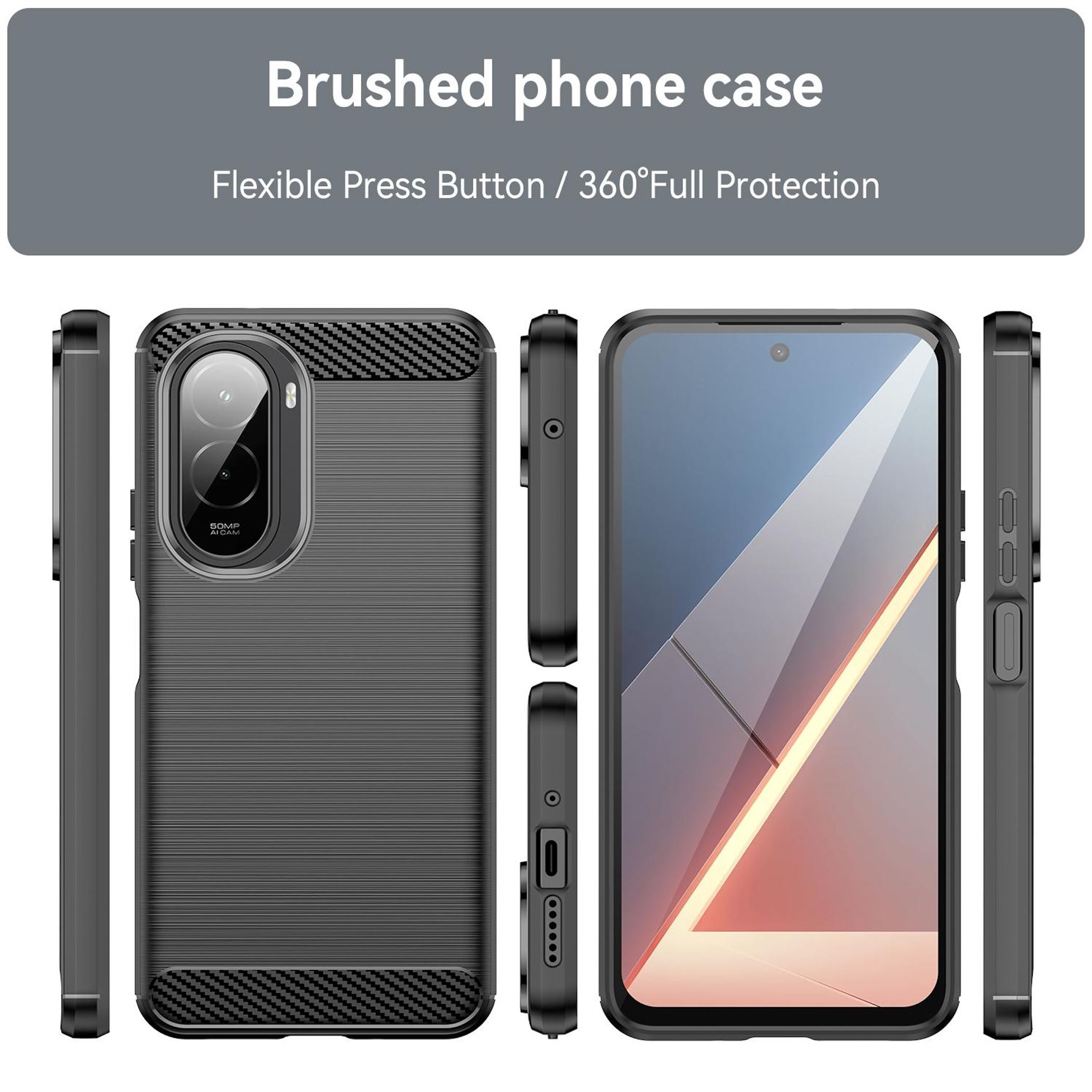 Imagen muestra una funda negra con textura cepillada, varias vistas y pantalla de teléfono. El texto dice 'Brushed phone case'.