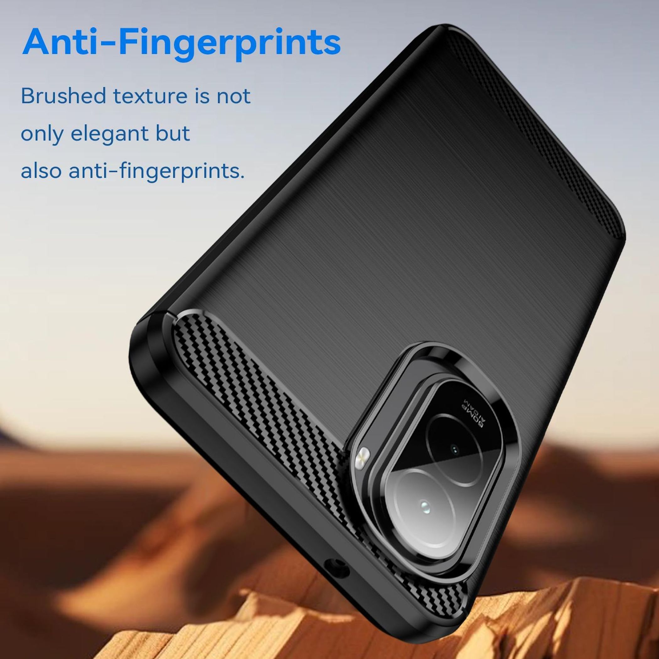 Funda de teléfono negra con detalle de cámara, textura cepillada y acento de fibra de carbono. Texto: Antihuellas.
