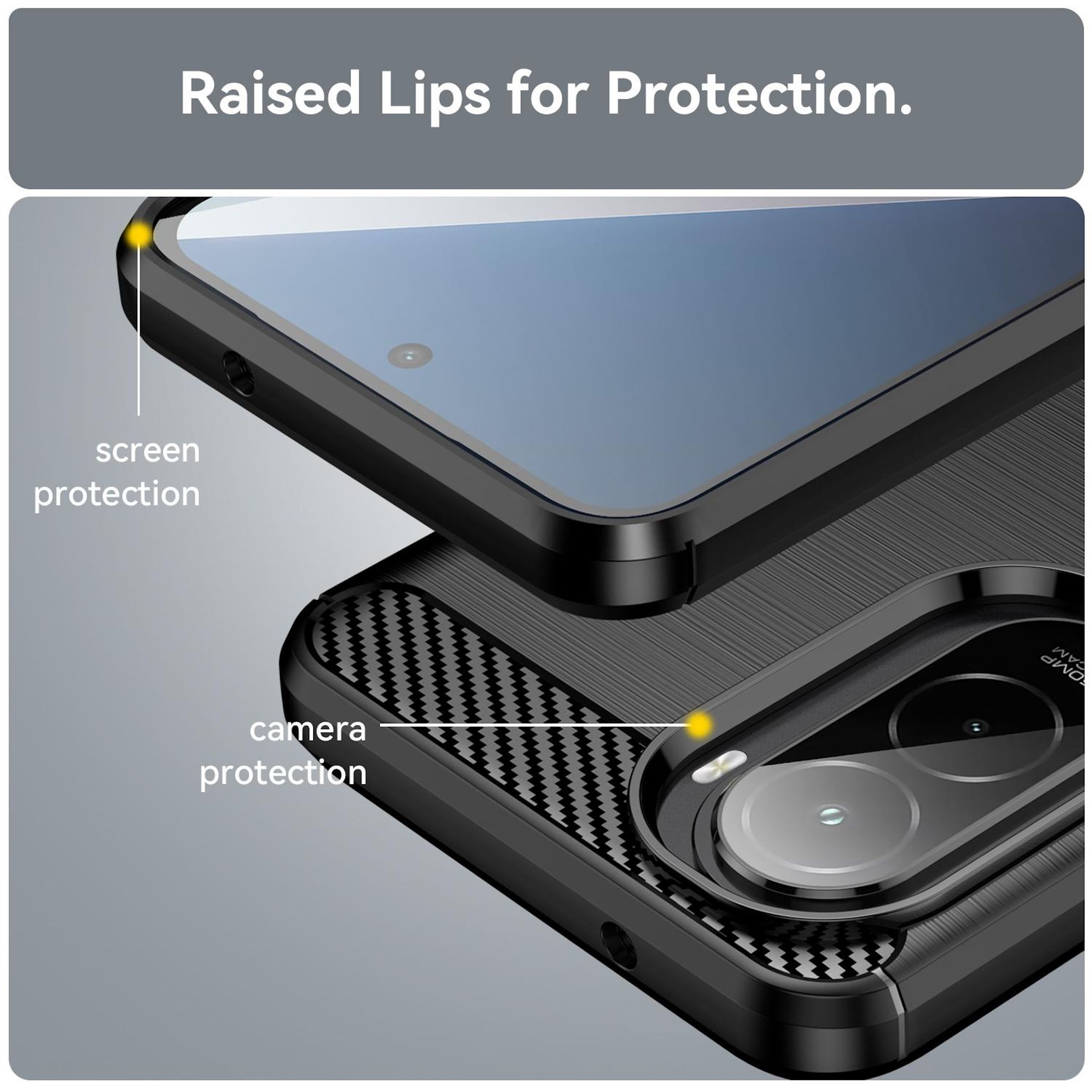 Primer plano de una funda negra para teléfono. Los bordes elevados protegen la pantalla y la cámara. La funda tiene una parte trasera texturizada.