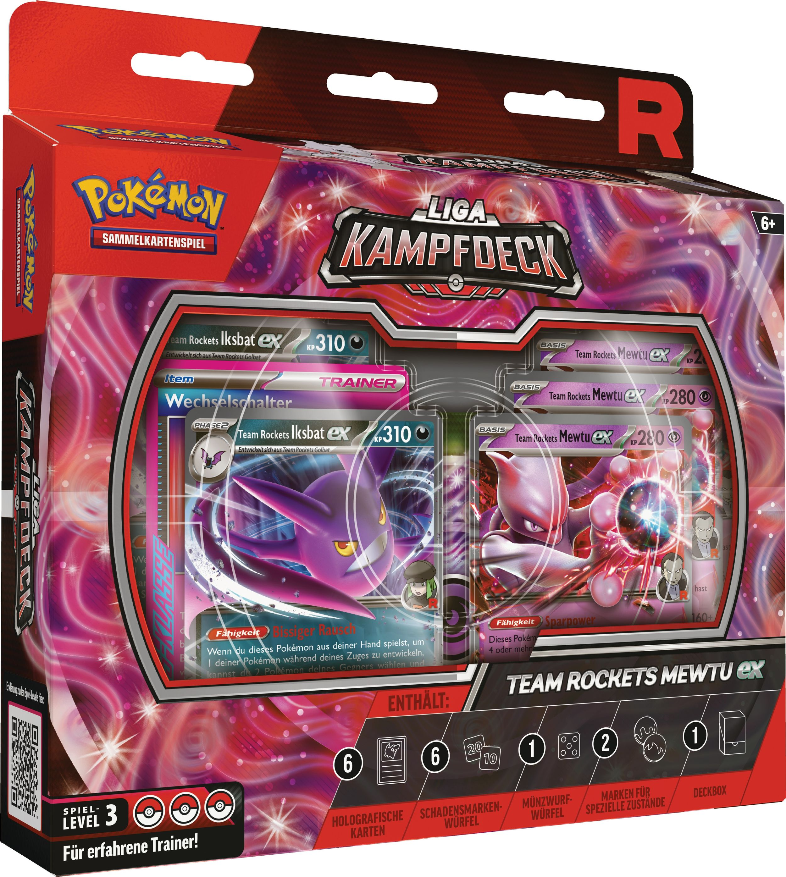 Pokémon TCG Box. Enthält Pokémon-Karten mit Mewtu und Iksbat. Inklusive Karten, Würfeln und Spielsteinen.
