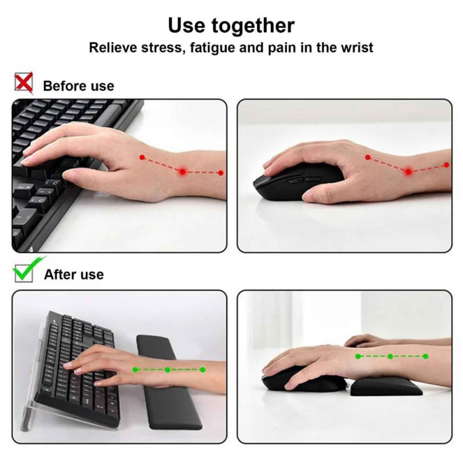 Das Bild zeigt die Hand bei der Verwendung von Tastatur und Maus. Diagramme zeigen die Schmerzlinderung am Handgelenk vor und nach der Verwendung.