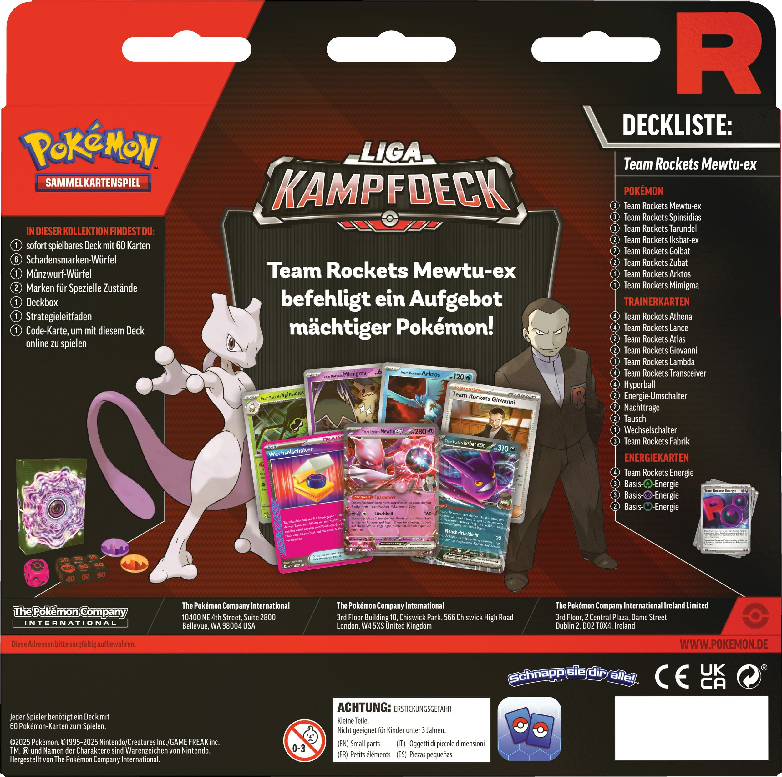 Eine Kartenspielbox mit Mewtu, anderen Pokemon-Karten, Würfeln und einer Kartenliste.