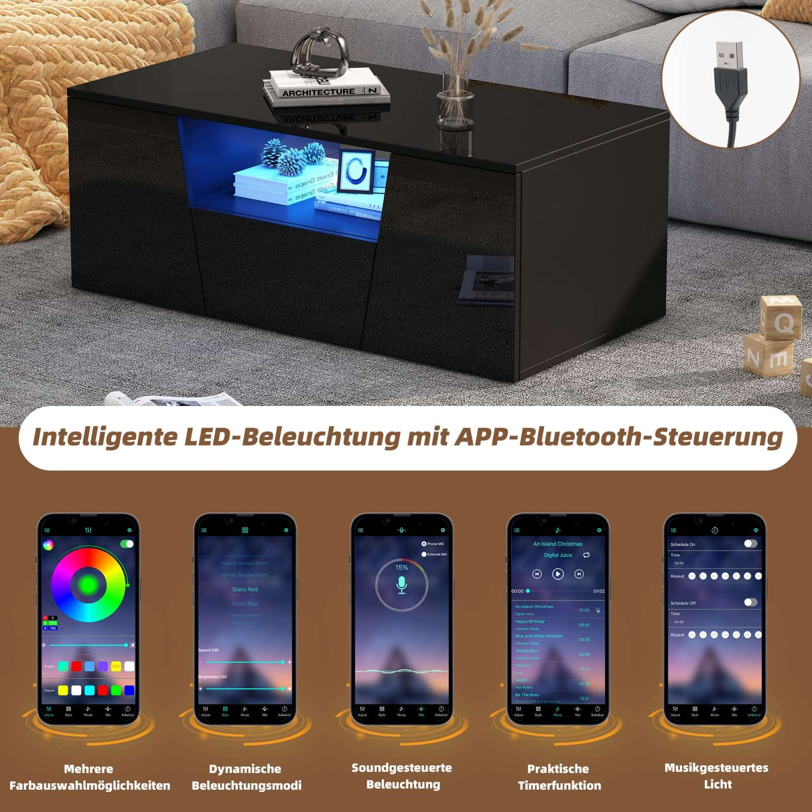Schwarzer Couchtisch mit blauen LED-Leuchten. Zeigt verschiedene Telefonbildschirme mit Beleuchtungsoptionen.