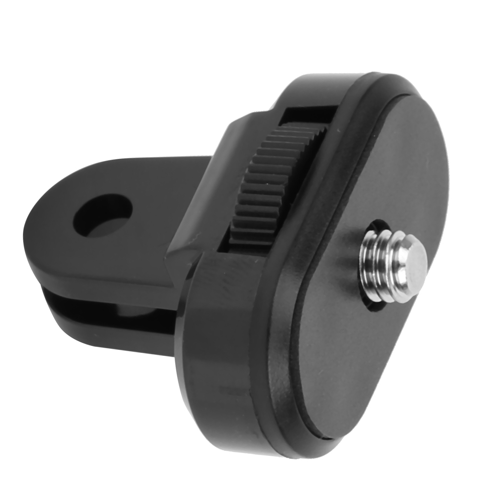 Schwarze Kamerahalterung mit verstellbarem Rad und Schraube.