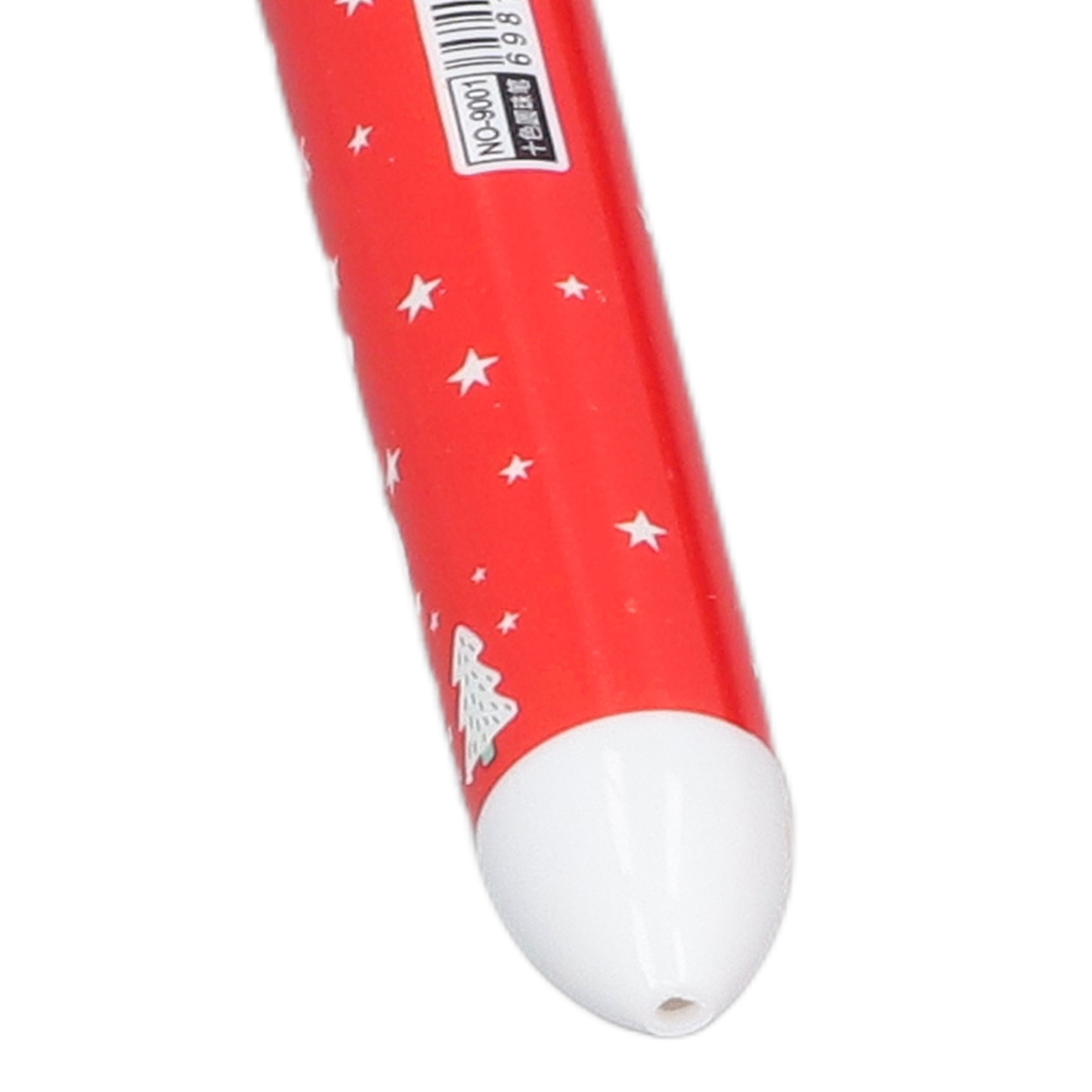 Ein roter Stift mit weißen Sternen und einem Weihnachtsbaumdesign. Die Spitze ist weiß. Ein Barcode und ein Etikett sind sichtbar.