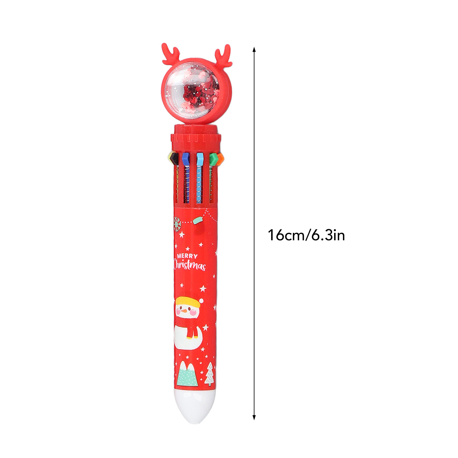Ein roter Weihnachtskugelschreiber mit Rentierkopf, bunten Stiften und einem Schneemann-Design. Er ist 16 cm lang.