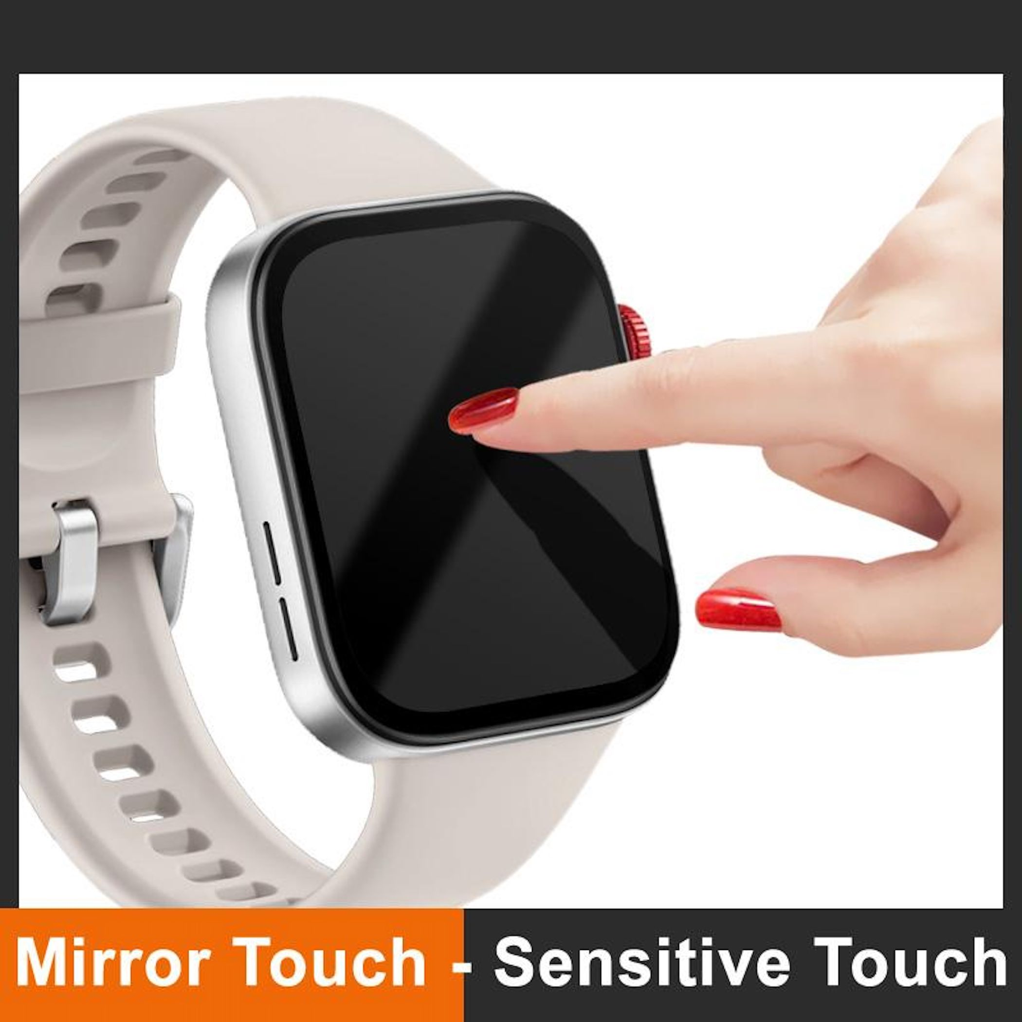 Una mano tocca lo schermo di uno smartwatch. L'orologio ha un cinturino beige, una cornice argentata e un display nero.