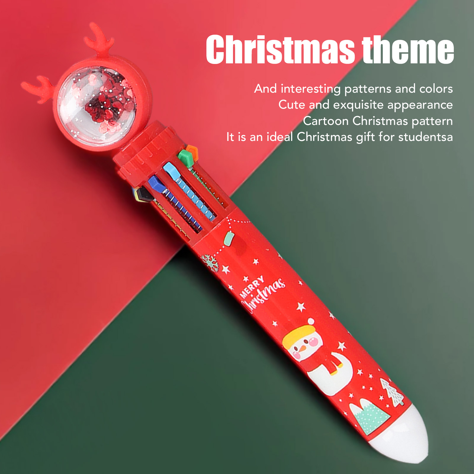 Ein roter Stift mit Weihnachtsmotiv, einem Schneemann, Rentier-Aufsatz, auf rotem und grünem Hintergrund.