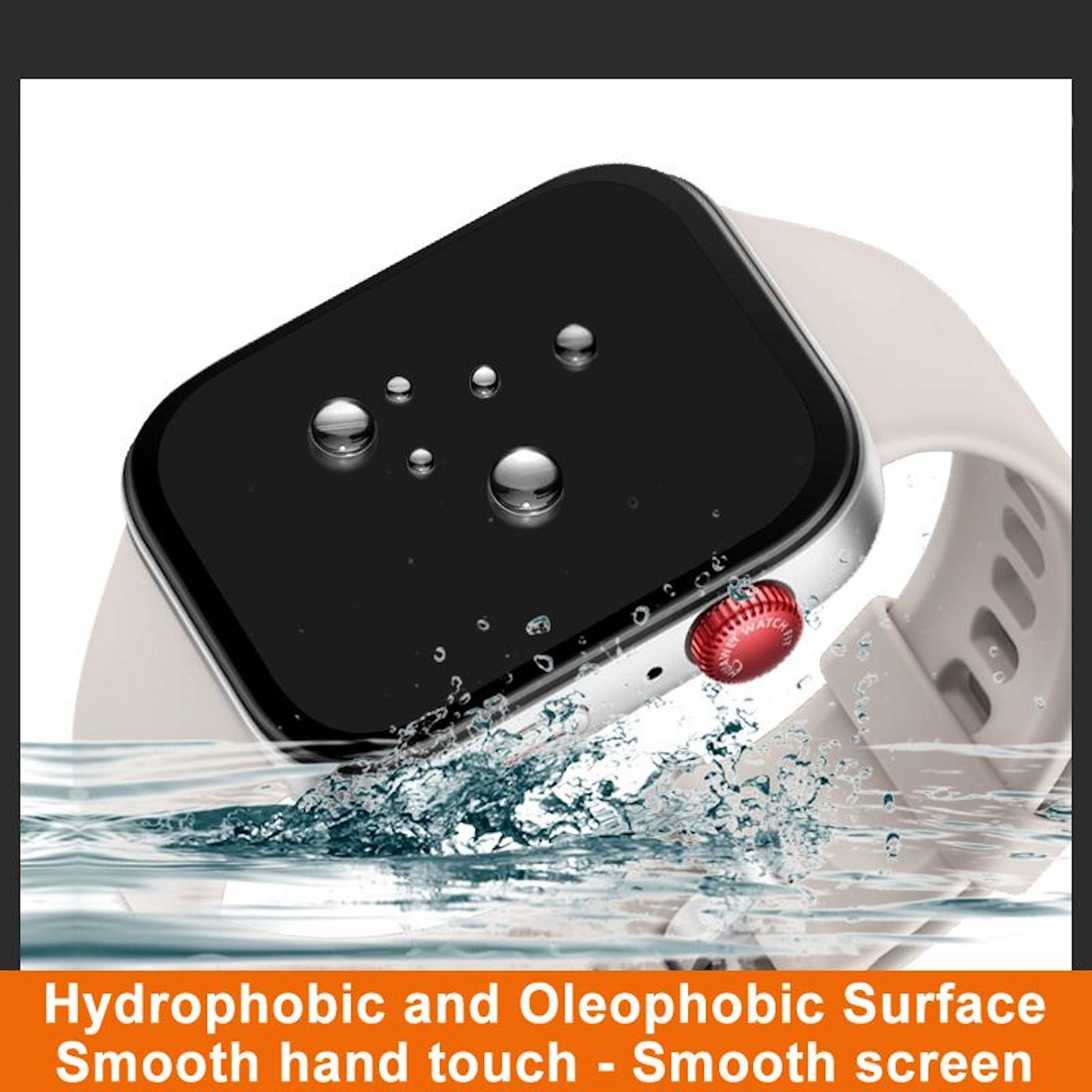 Uno smartwatch con schermo nero e pulsante rosso. Gocce d'acqua sullo schermo. Il cinturino è beige chiaro.