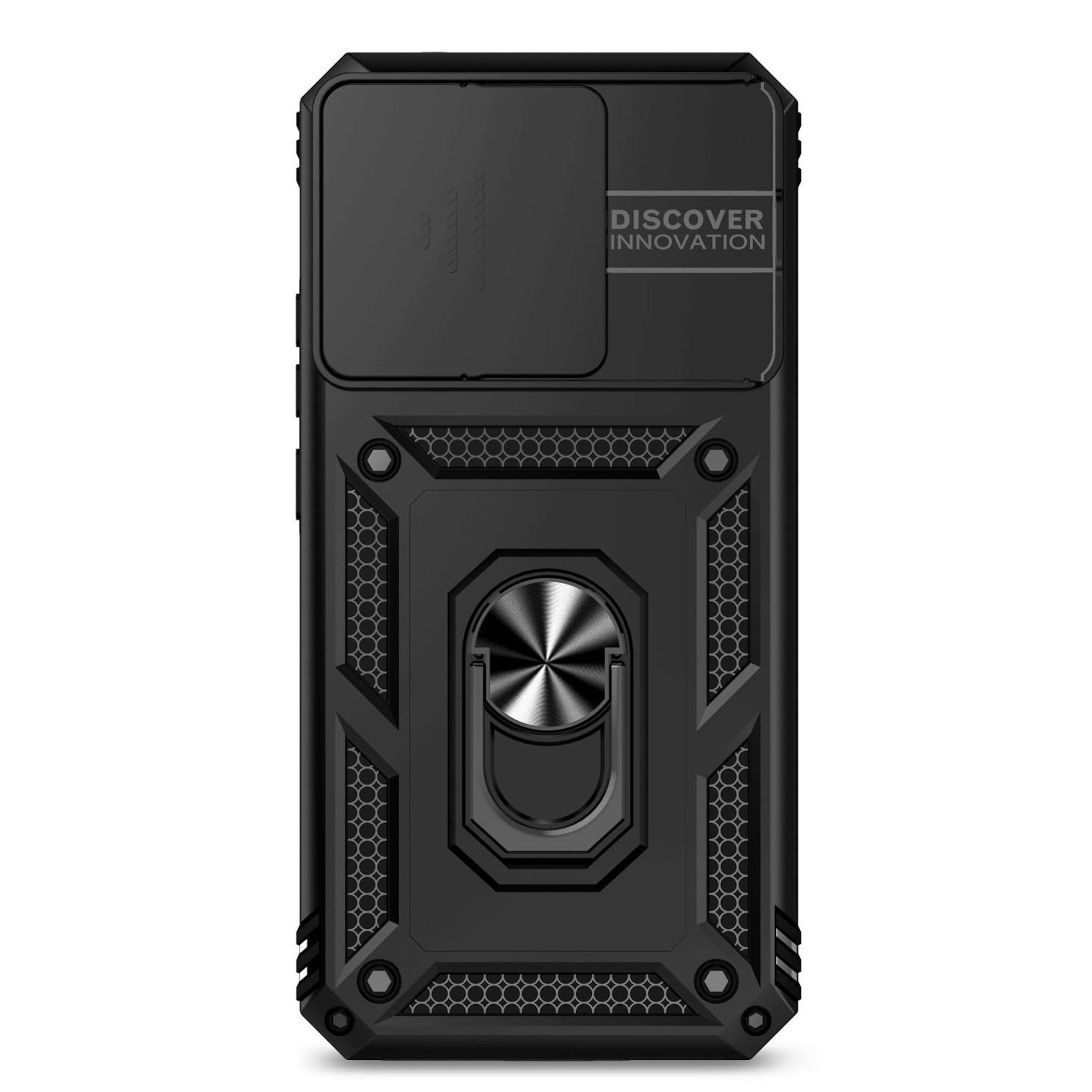 Funda de teléfono negra con cubierta de cámara, soporte de anillo y las palabras Discover Innovation.