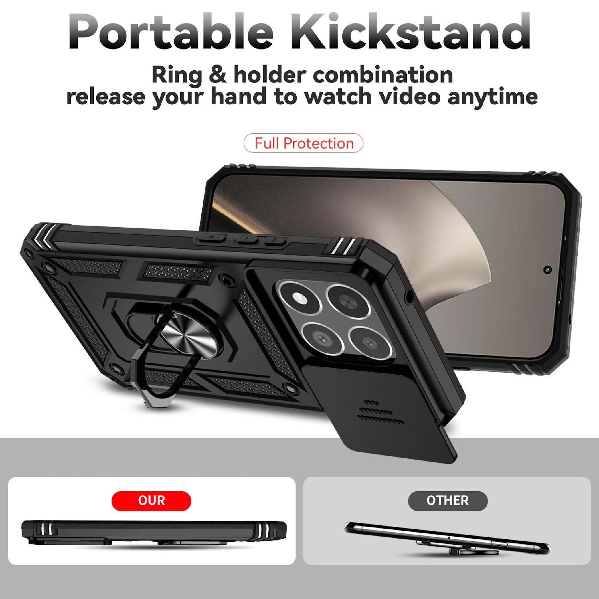 Funda negra para teléfono con soporte de anillo y soporte, que muestra un teléfono. Texto: Soporte portátil.