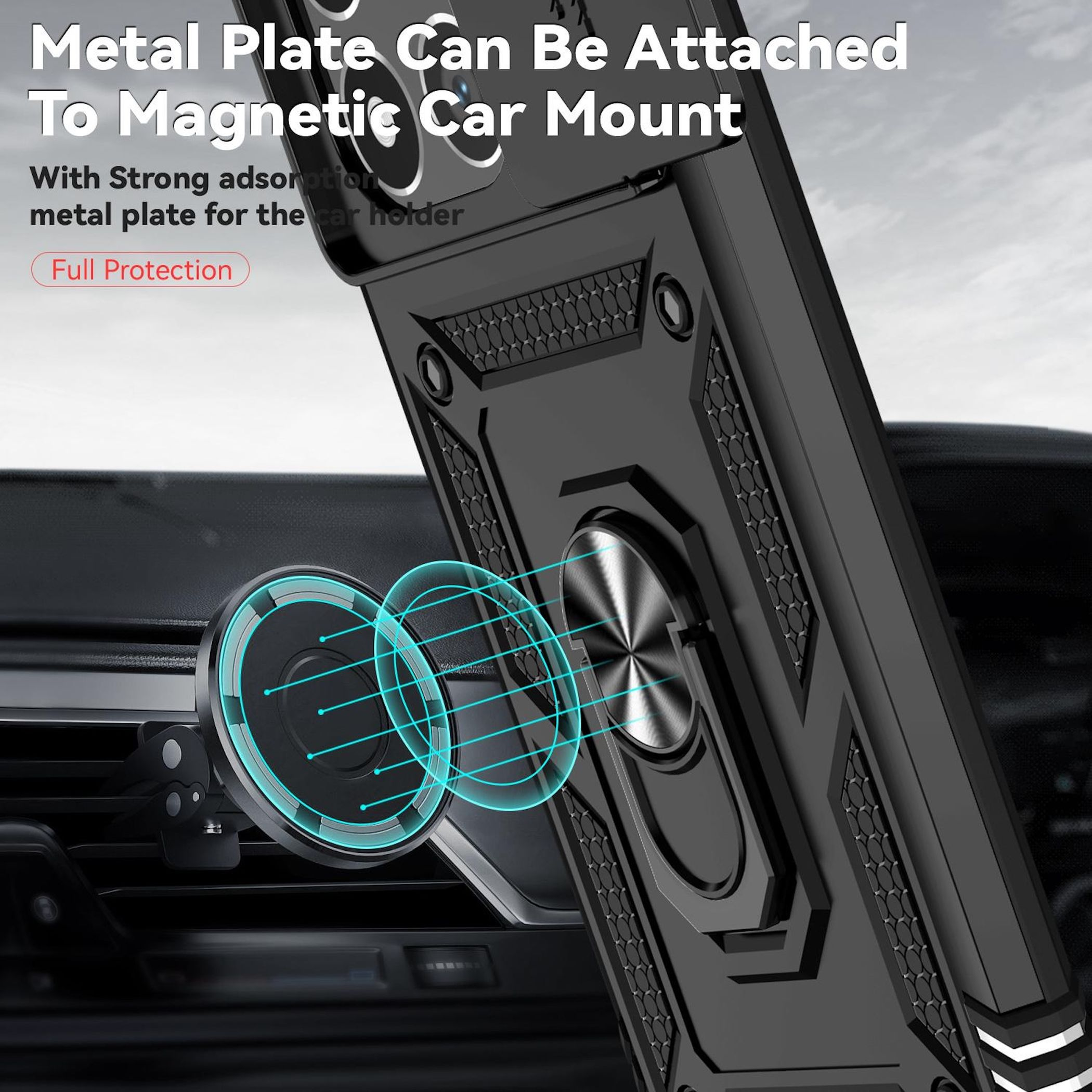 Una funda negra con placa metálica sujeta a un soporte magnético para coche, en el interior.