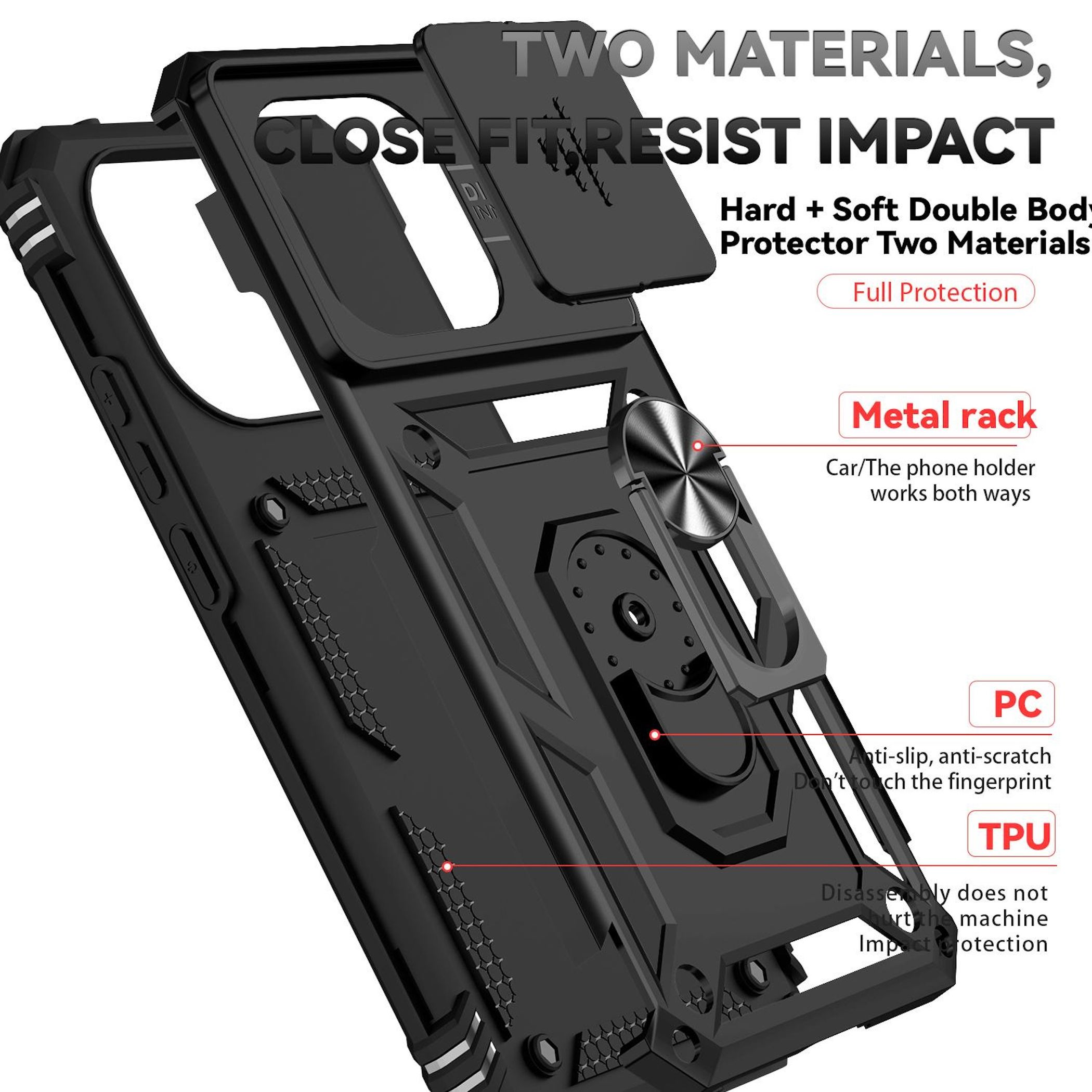 Funda de teléfono negra con anillo de metal. Texto: 'Two Materials, Close Fit Resist Impact' y 'Full Protection'.