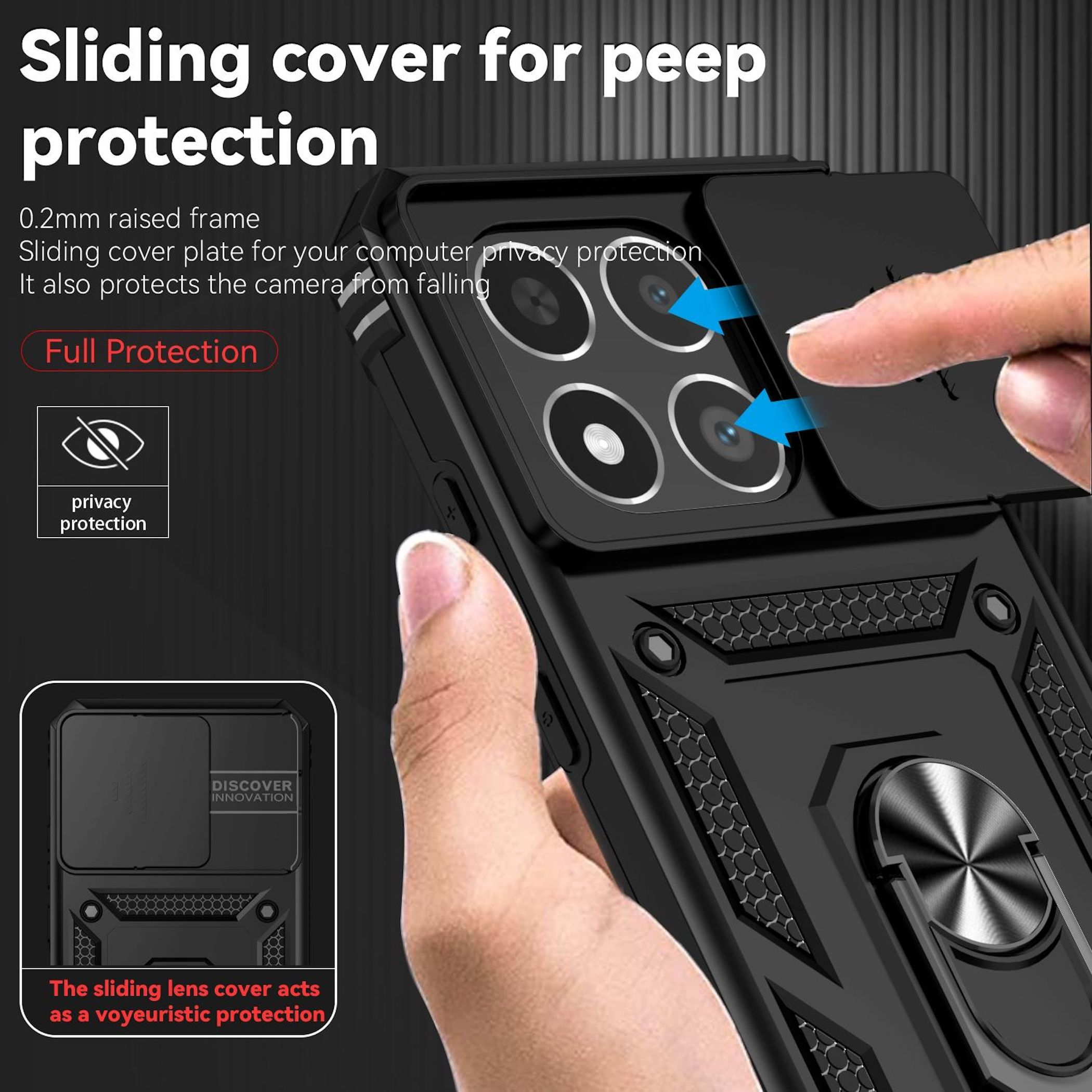 Funda de teléfono negra con tapa deslizante para cámara. Una mano abre la tapa. El texto dice 'Sliding cover for peep protection'.