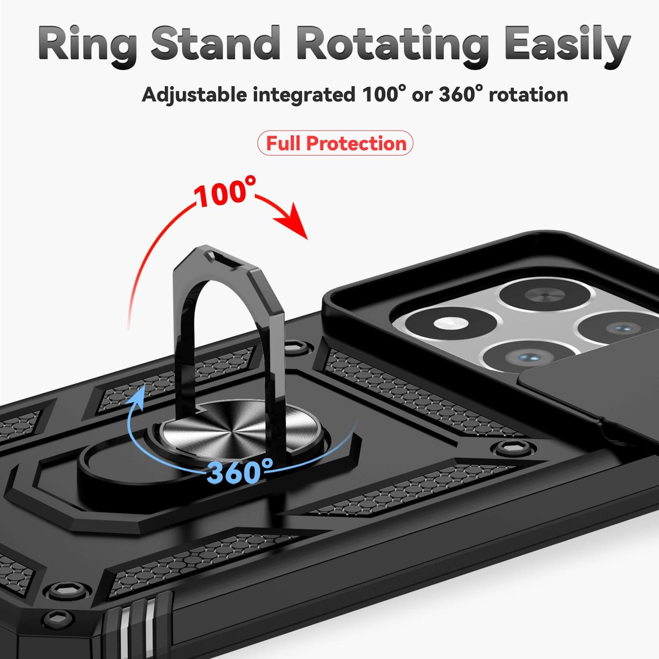 Funda negra para teléfono con soporte de anillo giratorio. Muestra rotación de 100 y 360 grados.