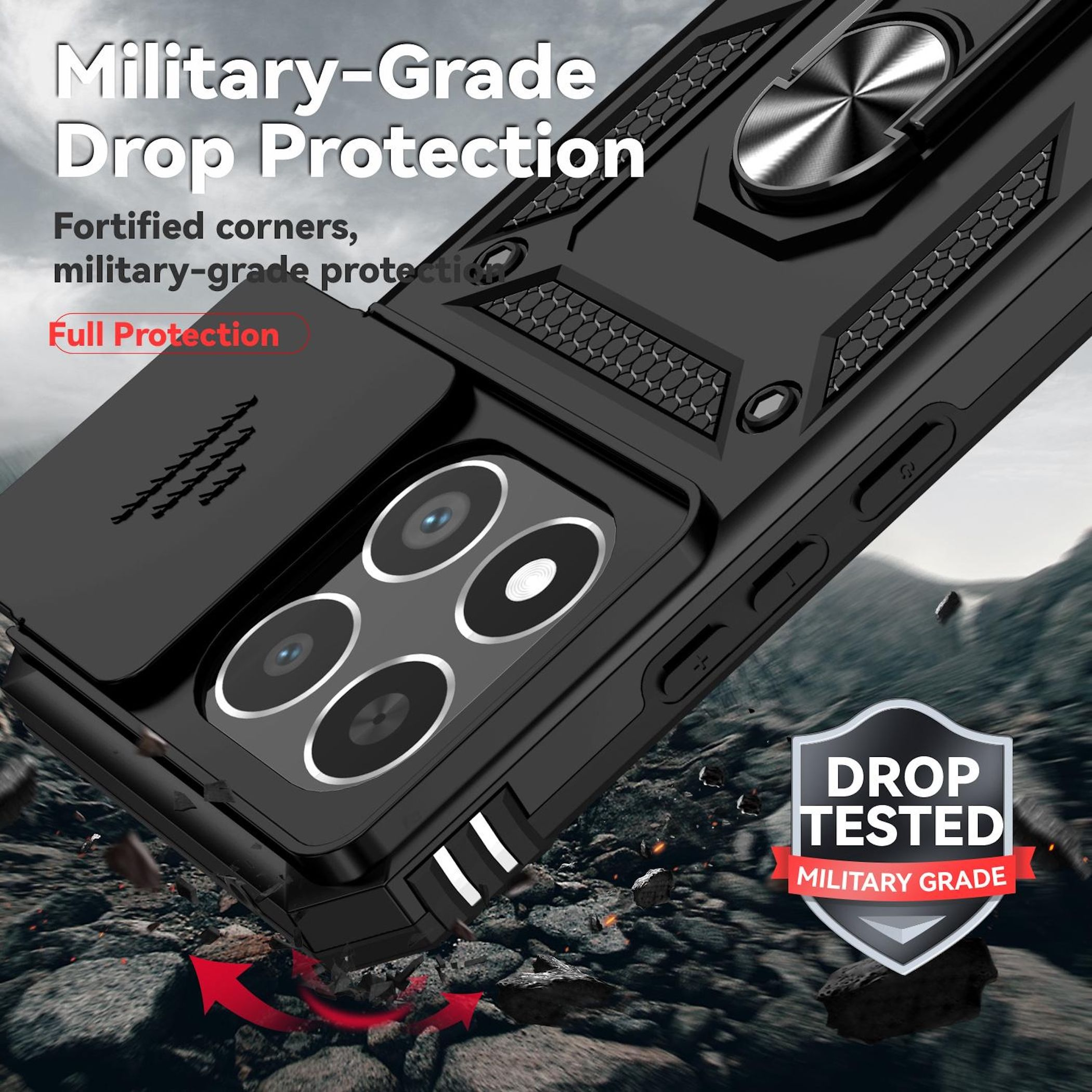 Funda negra para teléfono con recortes para la cámara y un soporte de anillo. La funda se anuncia como protección contra caídas de grado militar.