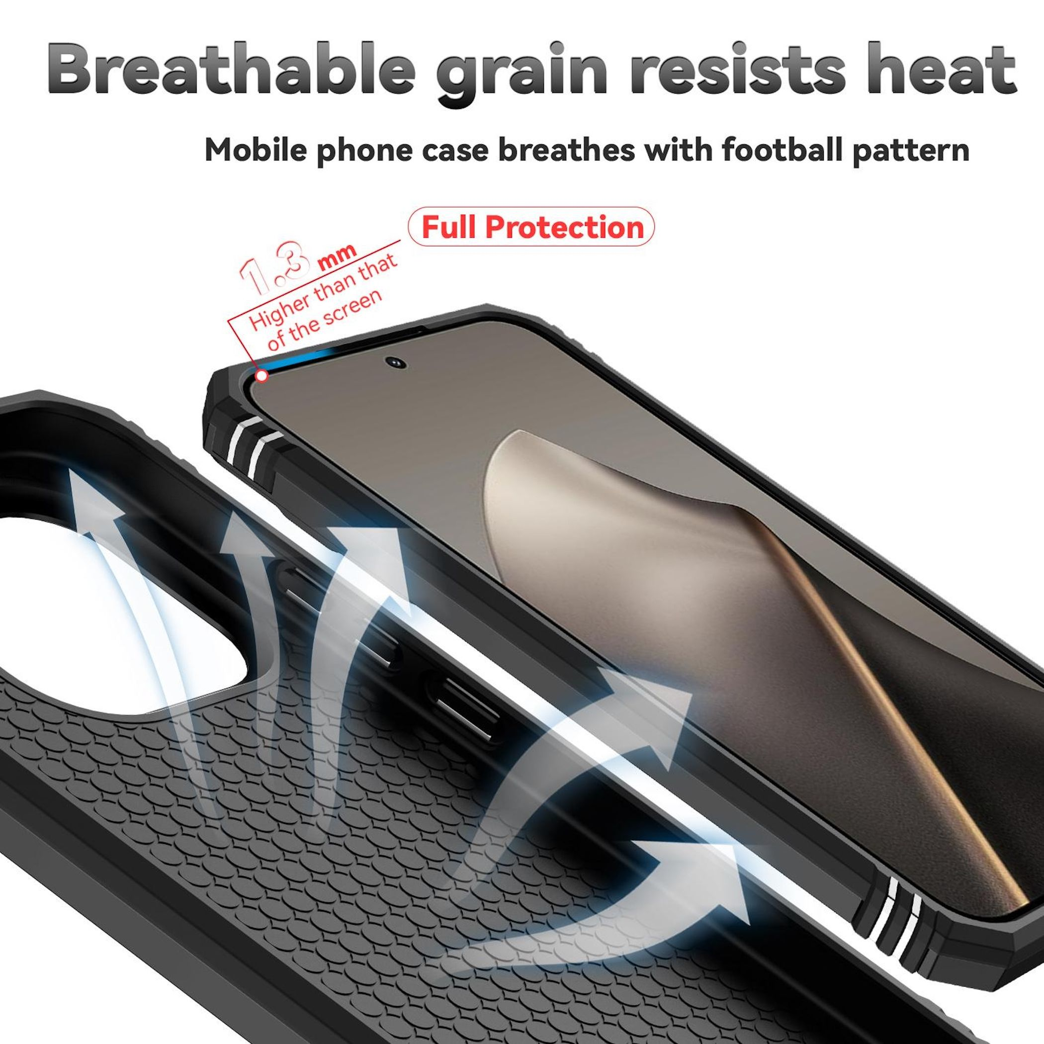 La imagen muestra una funda de teléfono con flechas de flujo de aire. Texto: El grano transpirable resiste el calor. Protección total.