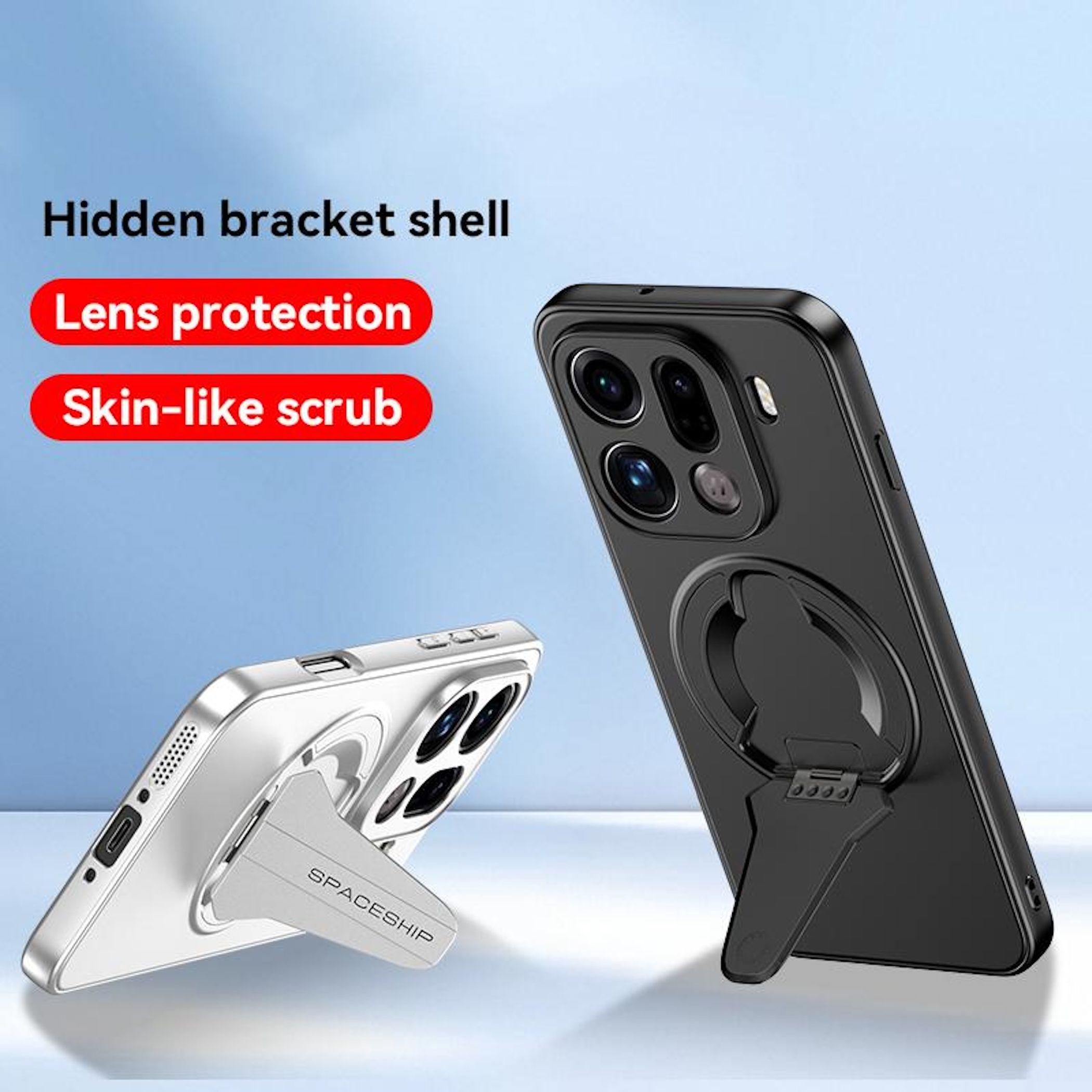 Zwei Handyhüllen, eine silberne mit Ständer und eine schwarze, beide mit Kameraschutz und Ringhalterung.