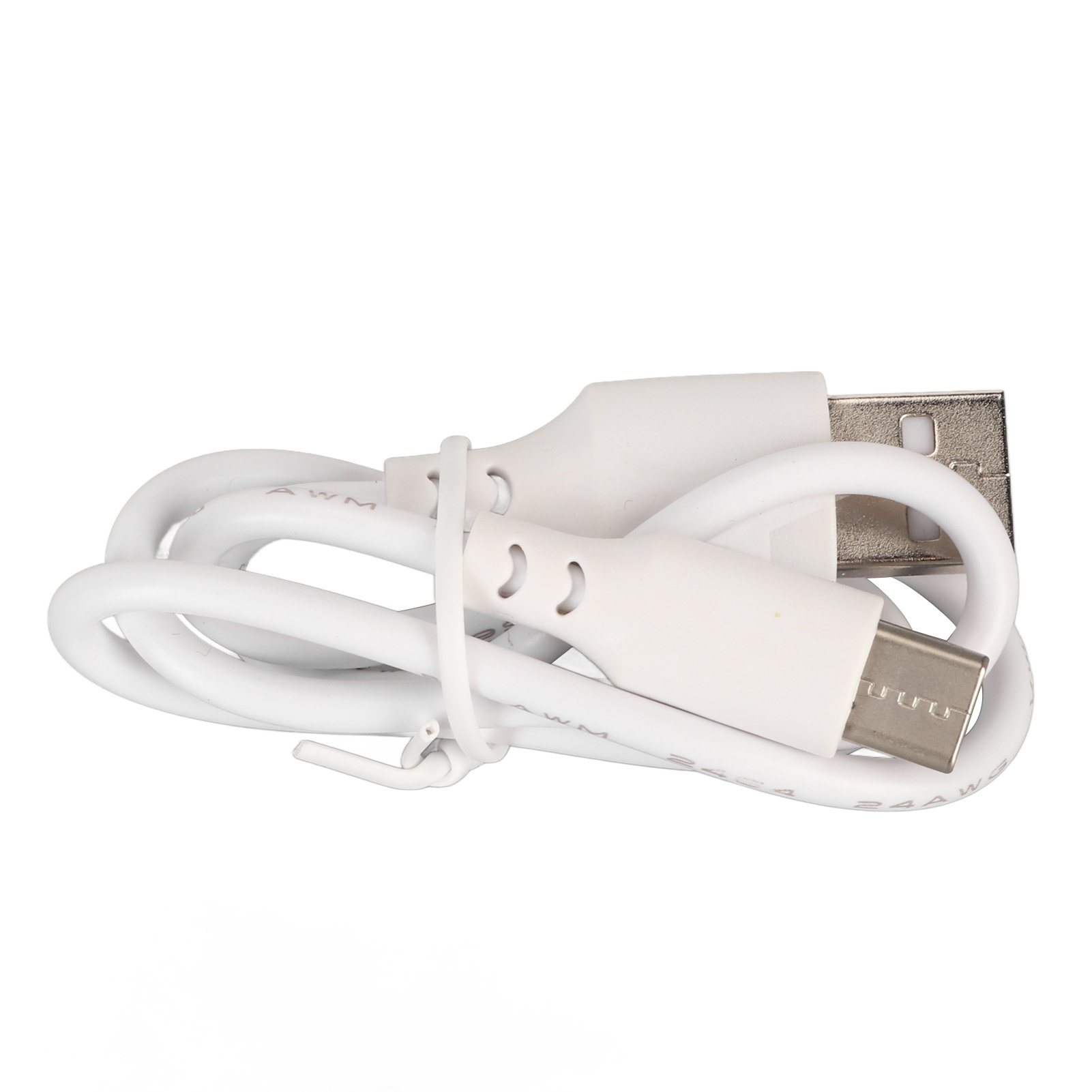 Ein weißes USB-Ladekabel ist aufgerollt und mit einem Kunststoffbinder gesichert. Das Kabel hat einen USB-A- und einen USB-C-Anschluss.