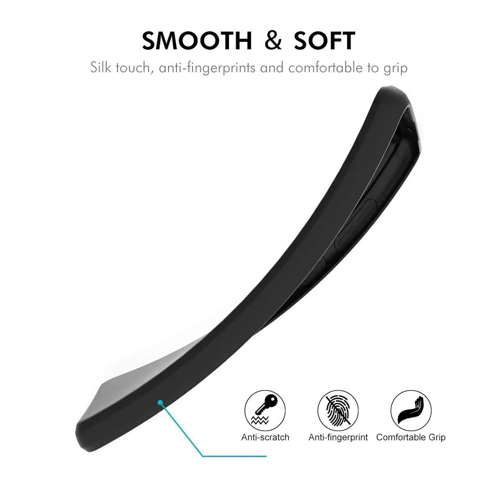 Schwarze Handyhülle. Text sagt Smooth & Soft, Seidenhaptik, Anti-Fingerabdrücke und komfortabler Griff.