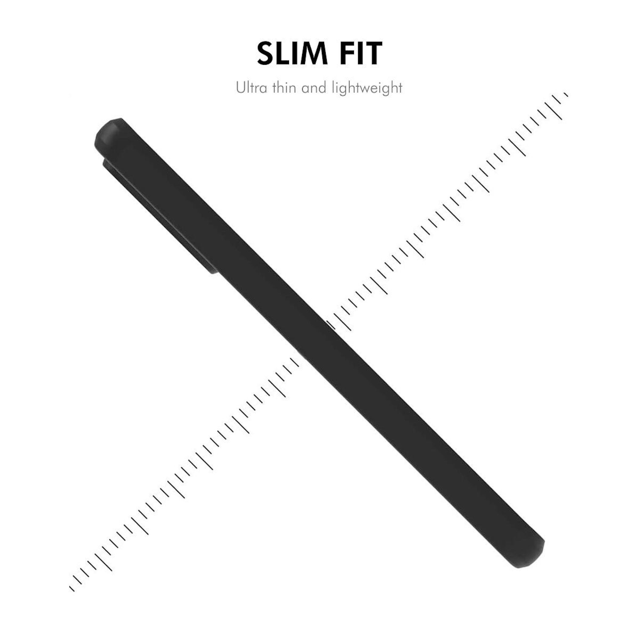 Ein schwarzer Stift liegt diagonal vor weißem Hintergrund mit Linien. Text: 'SLIM FIT, Ultra dünn und leicht.'