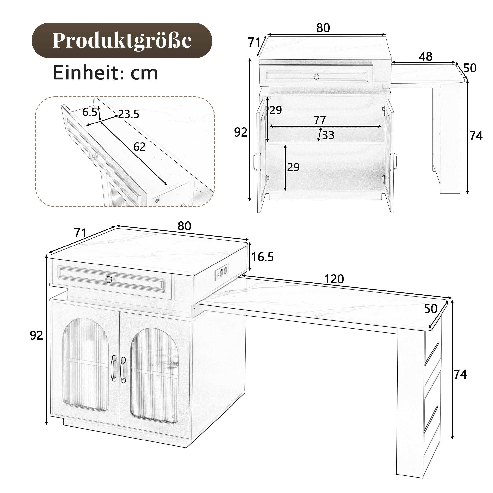 Diagramm eines Schreibtisches mit Maßen in cm. Es hat eine Oberseite, zwei Türen und eine erweiterte Oberfläche.